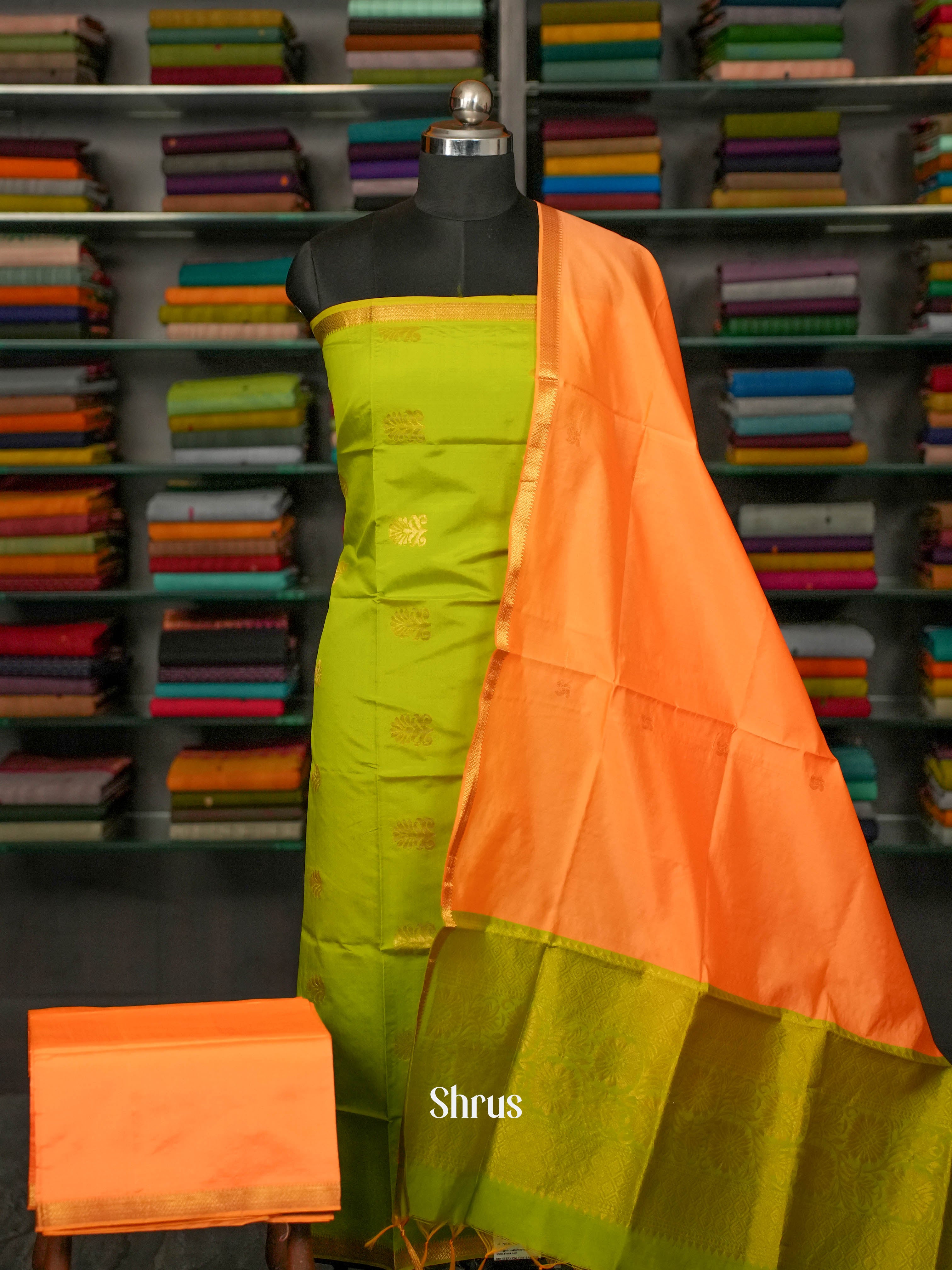 Light Green & Orange - semi softsilk salwar