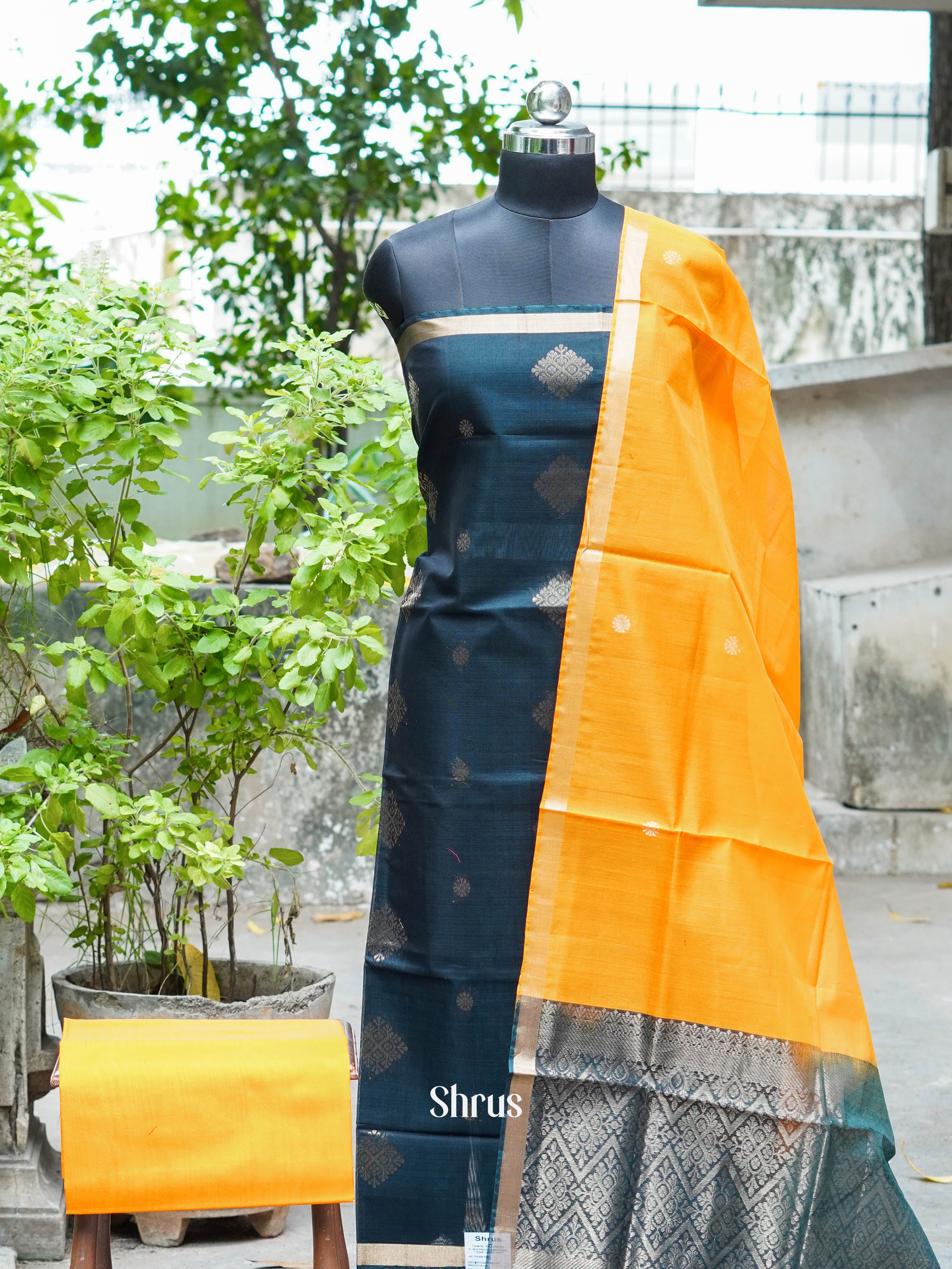 Dark Green & Orange  - Silkcotton salwar