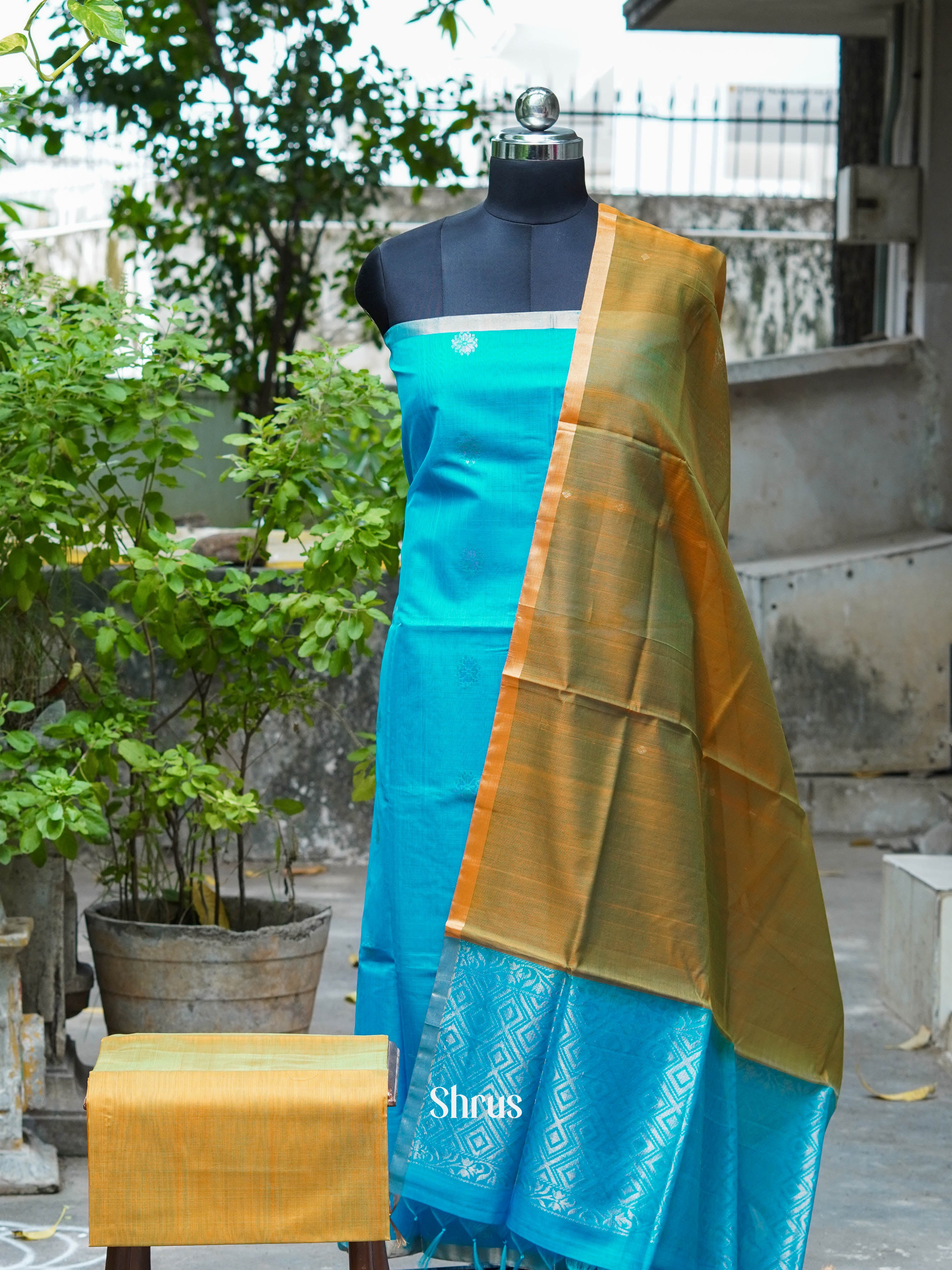 Blue & Mustard Green - Silkcotton salwar