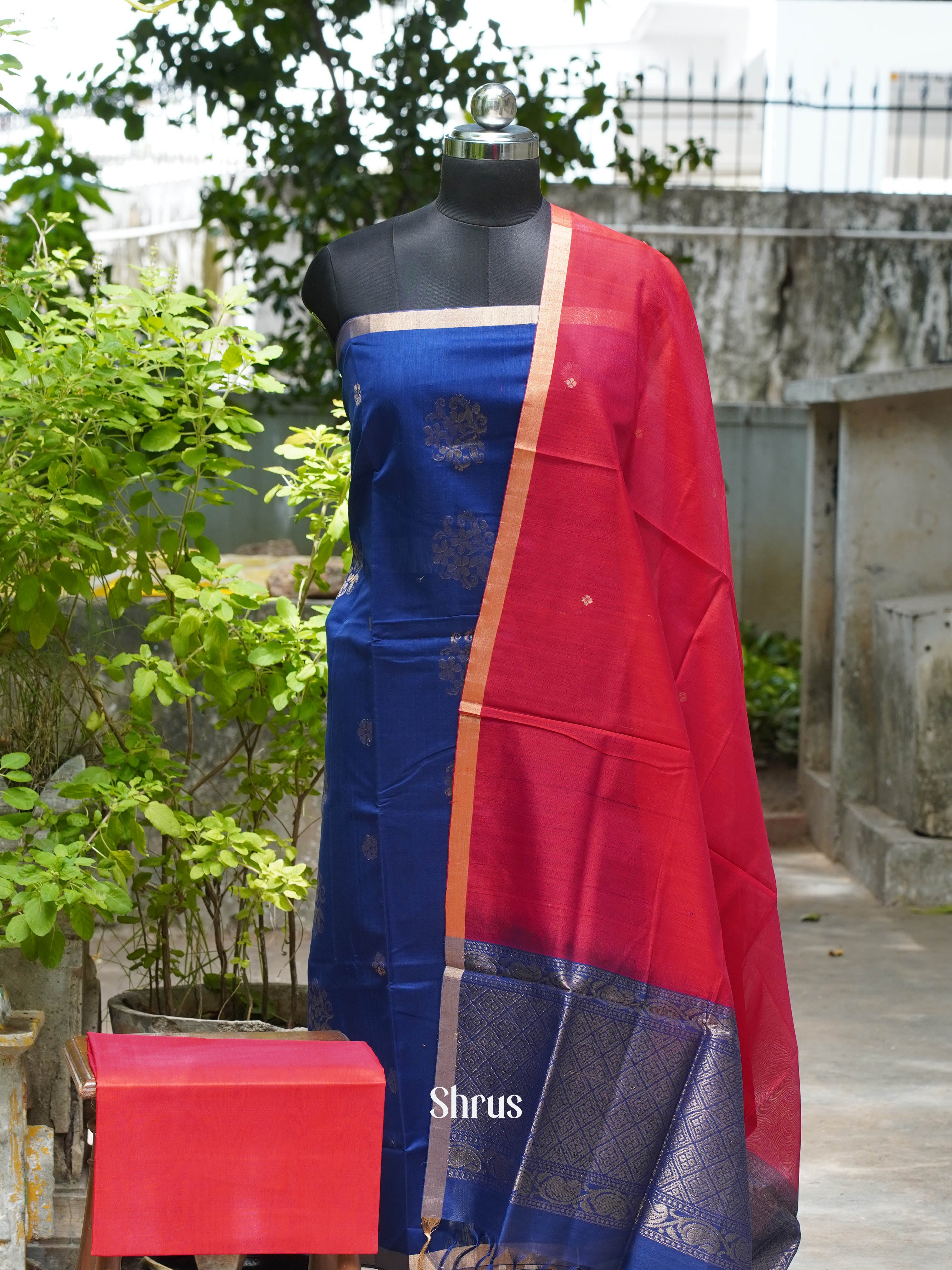 Blue & Red - Silk cotton salwar