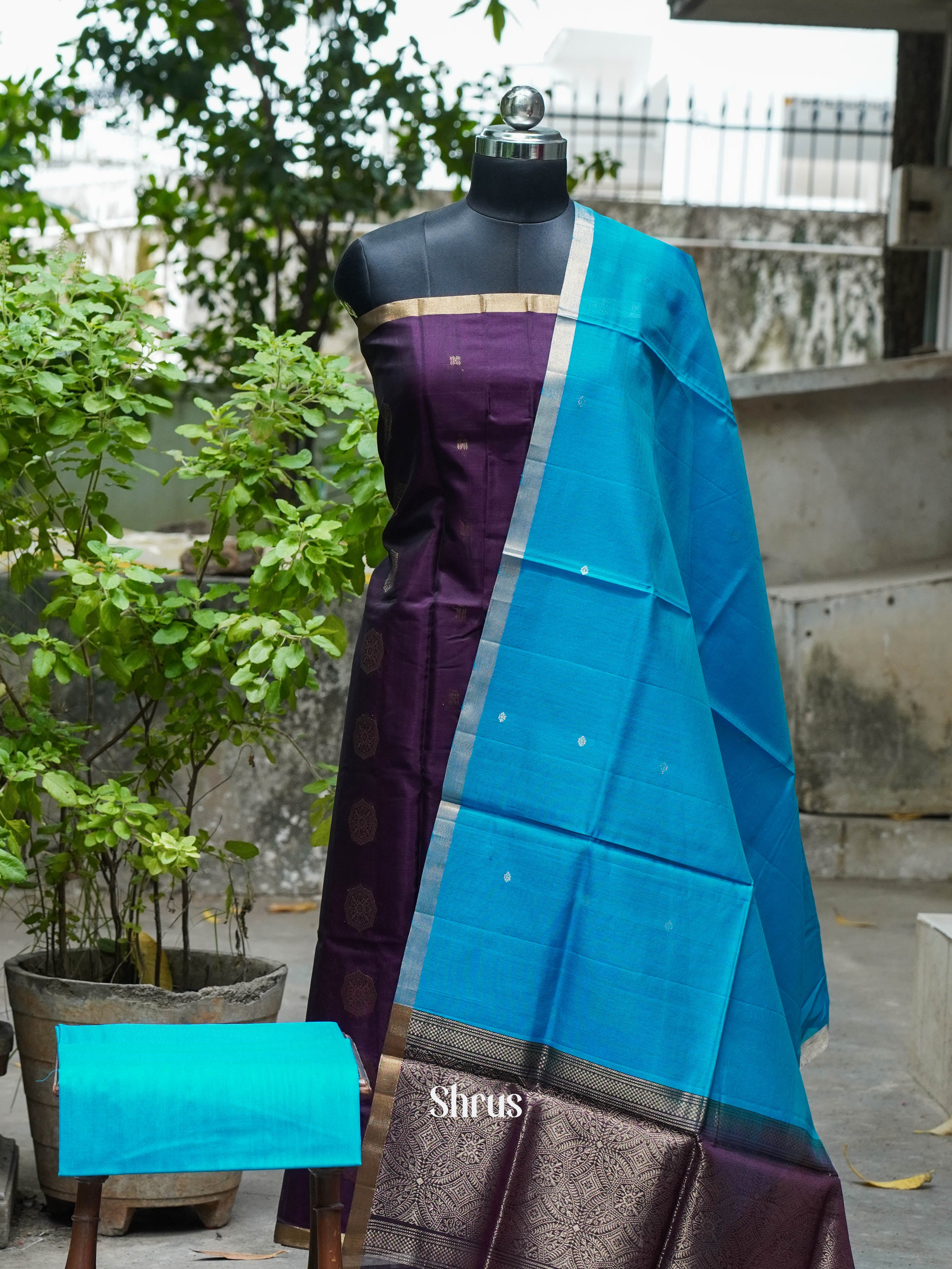 Dark Violet & Blue  - Silkcotton salwar