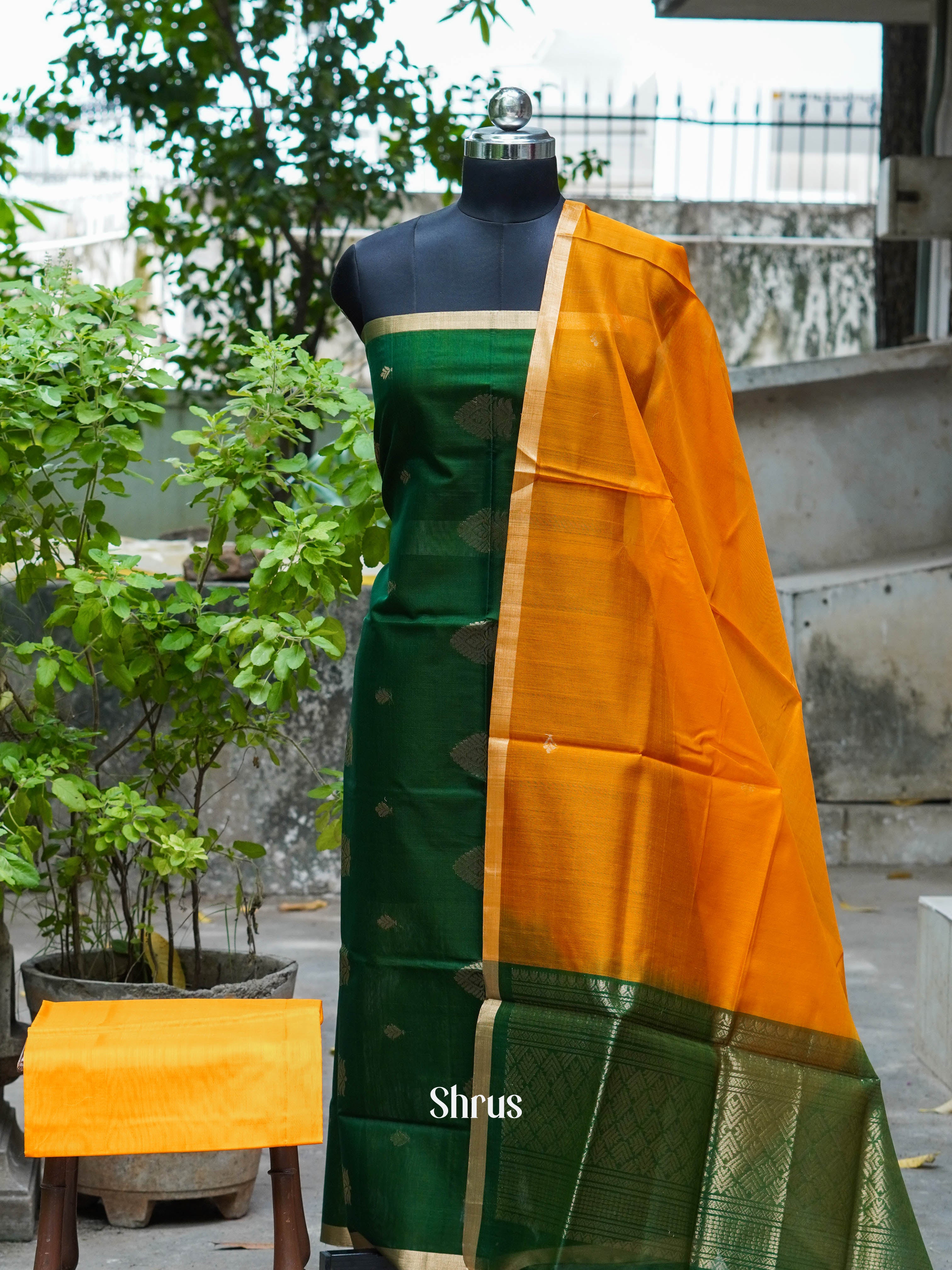 Green & Pumpkin Orange - Silkcotton salwar