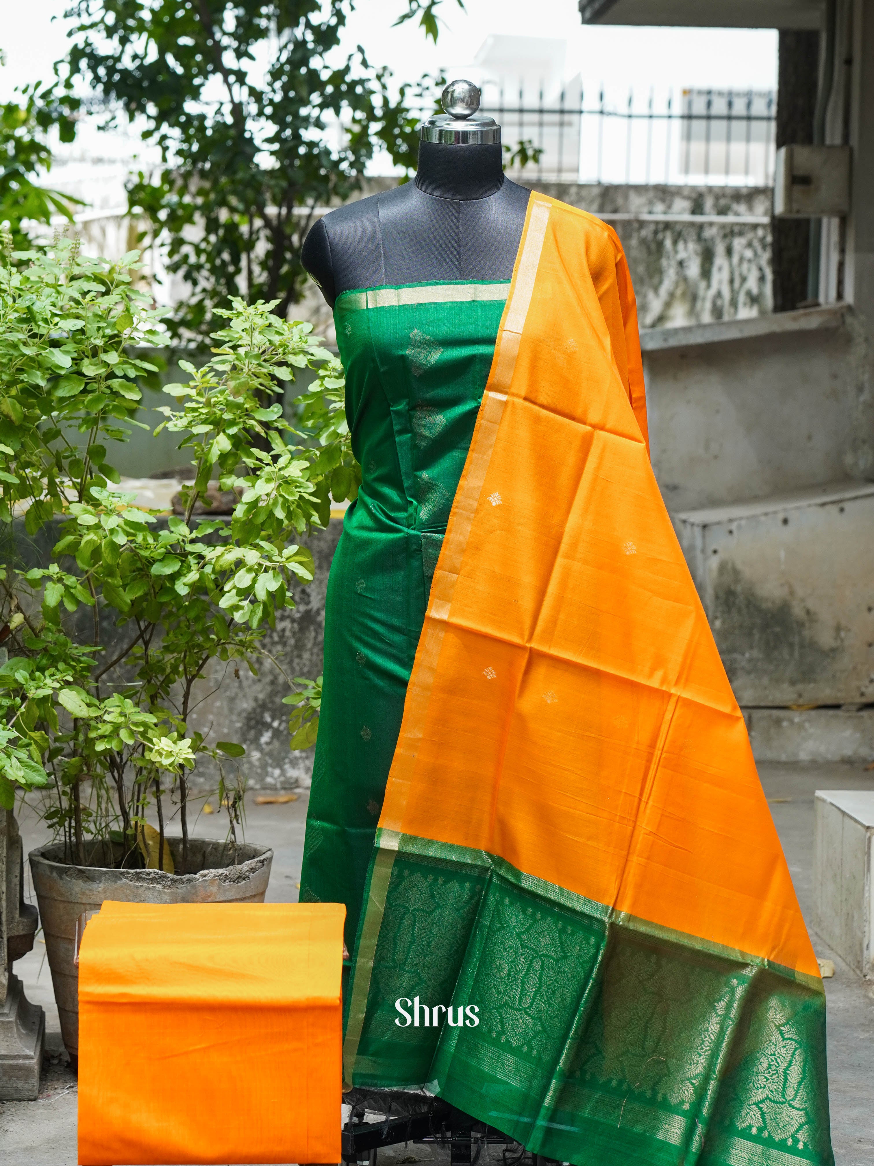 Green & Pumpkin Orange - Silkcotton salwar