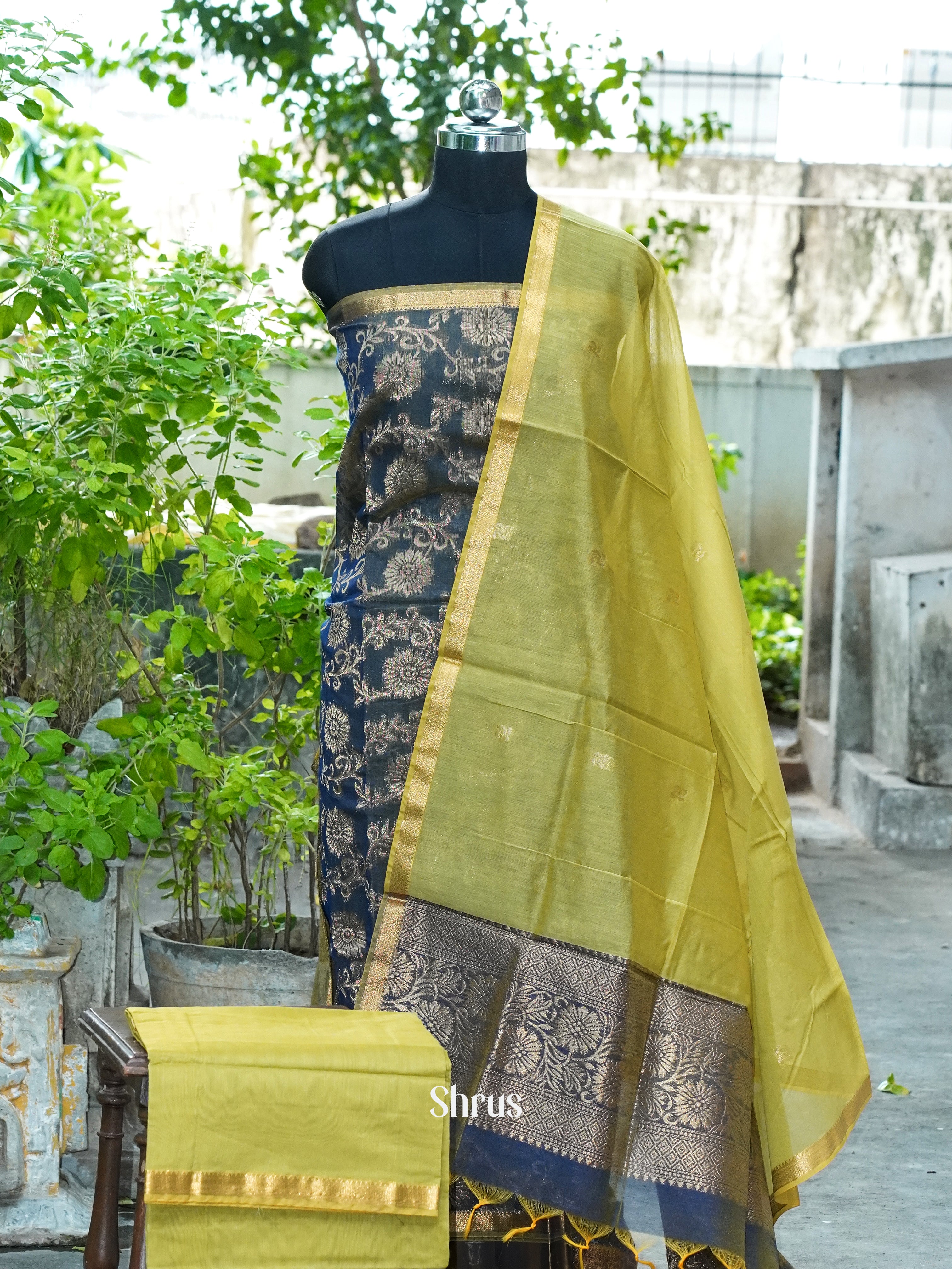 Double Shaded Navy Blue and Yellow Greeen  - Semi silkcotton salwar