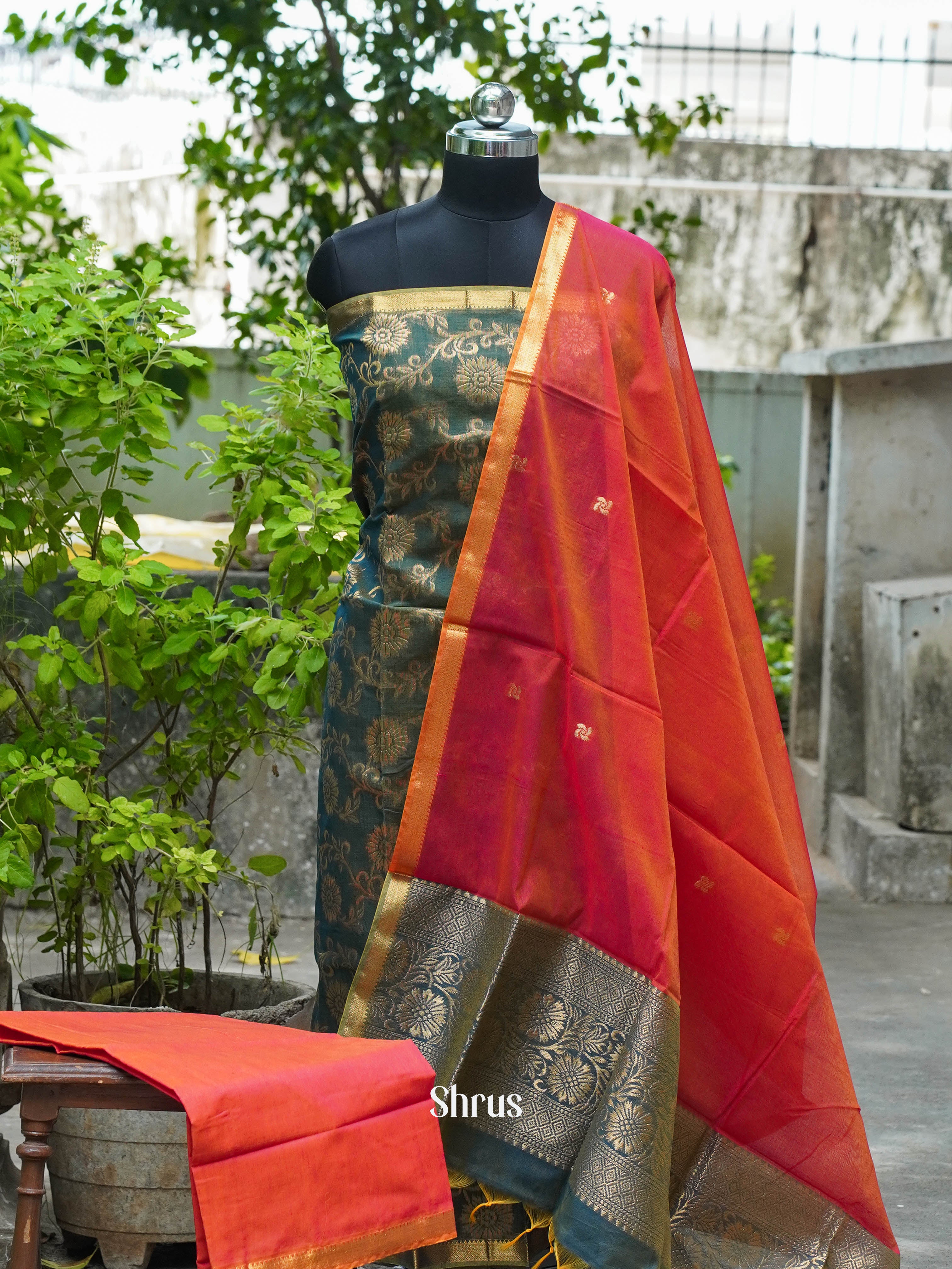 Dark Green & Orange - Semi silkcotton salwar