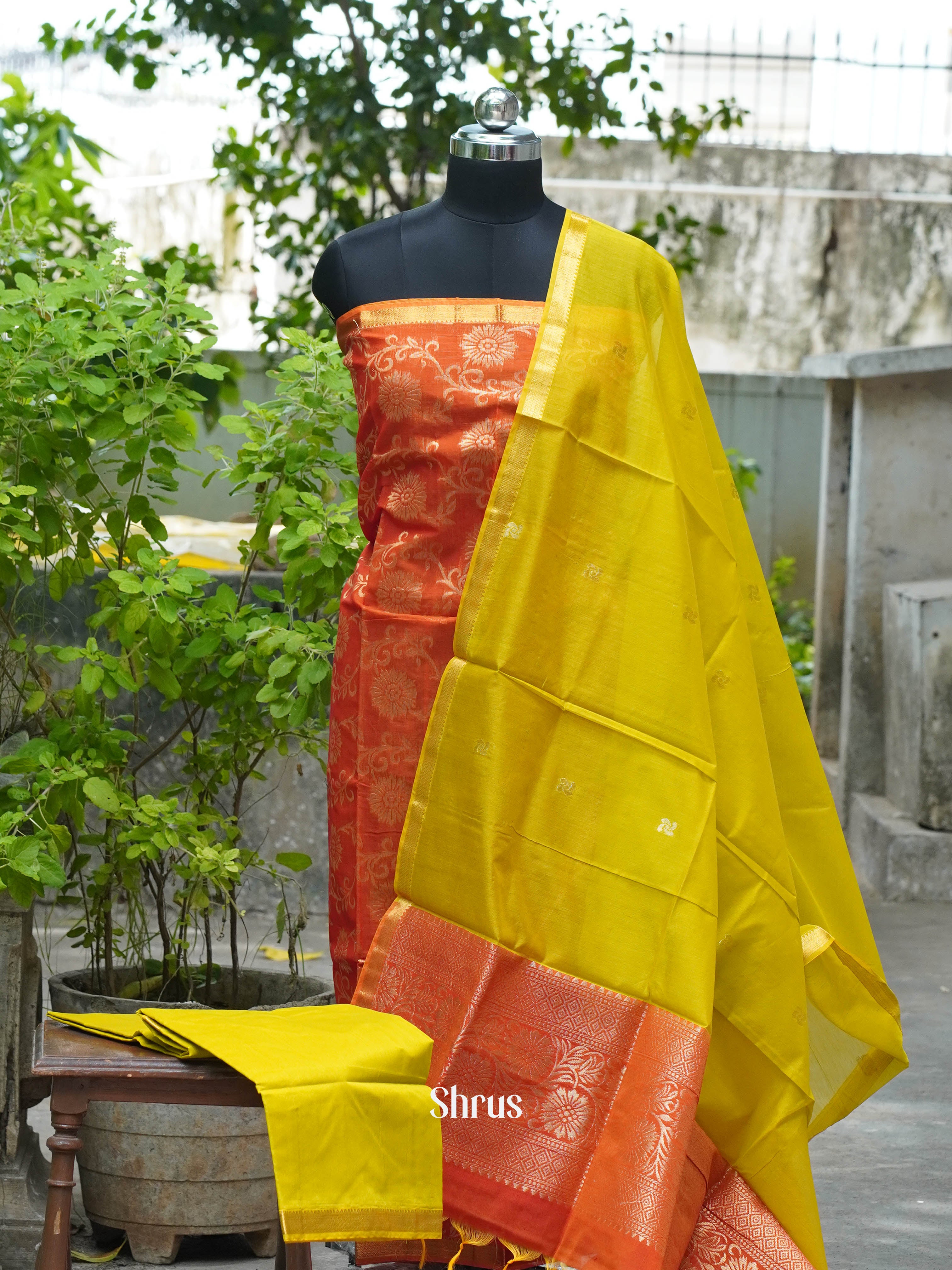 Orange & Green - Semi silkcotton salwar