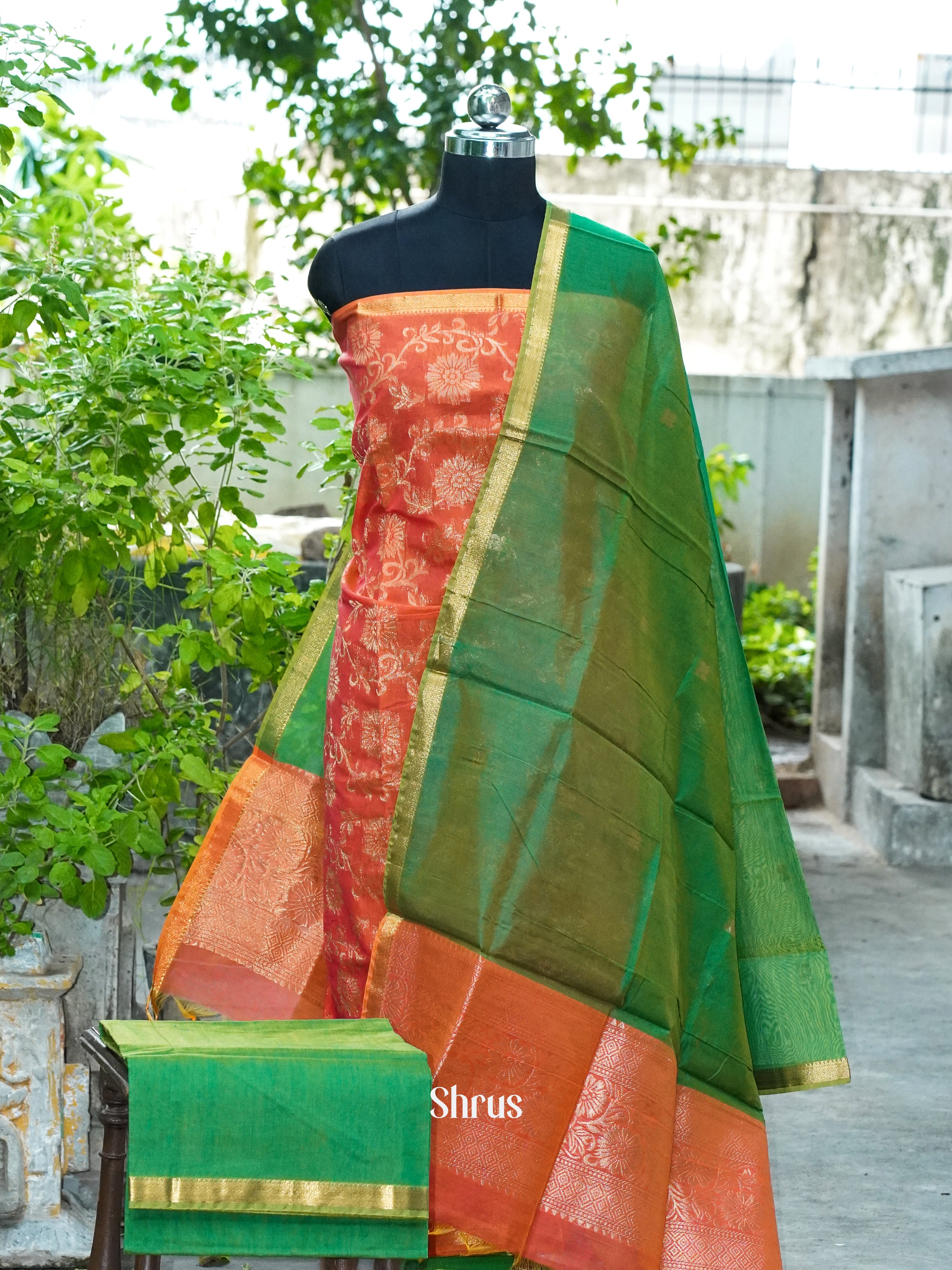 Double Shaded Rosy Orange and Bright Green - Semi silkcotton salwar