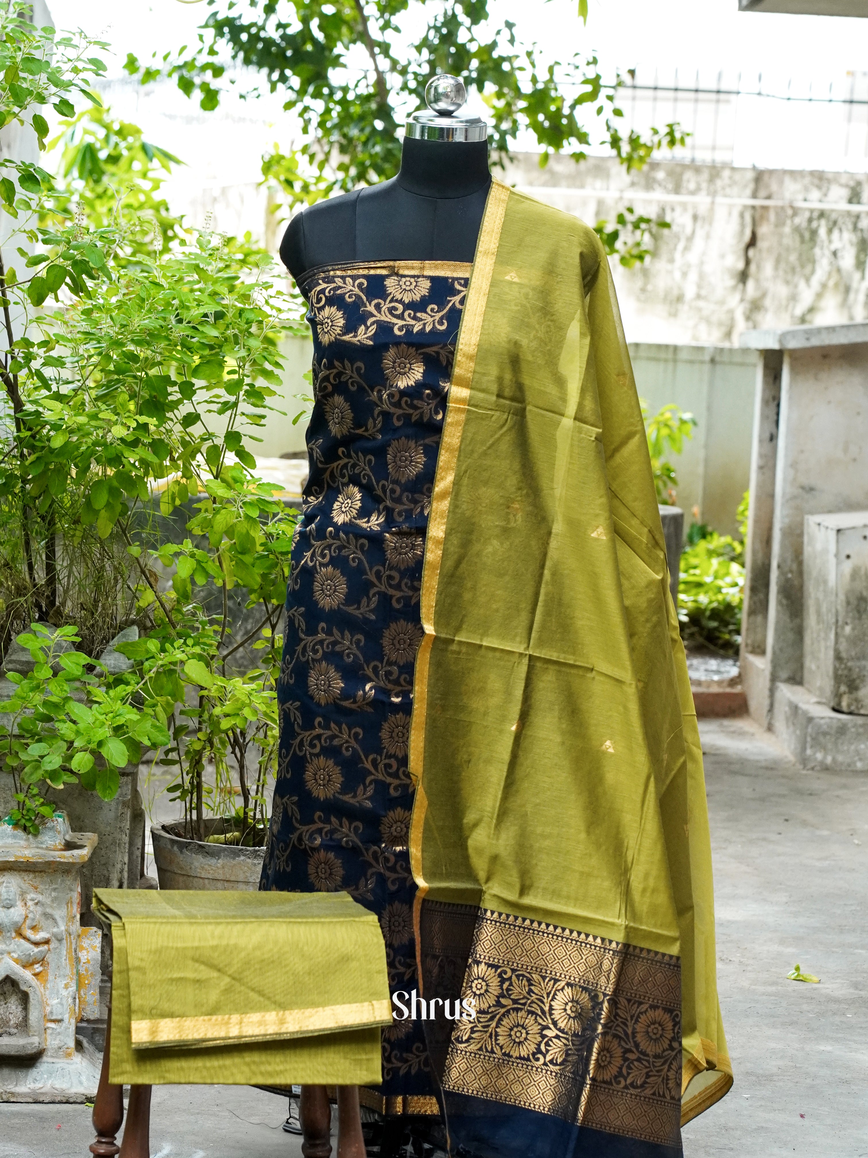 Navy Blue and Olive Green  - Semi silkcotton salwar