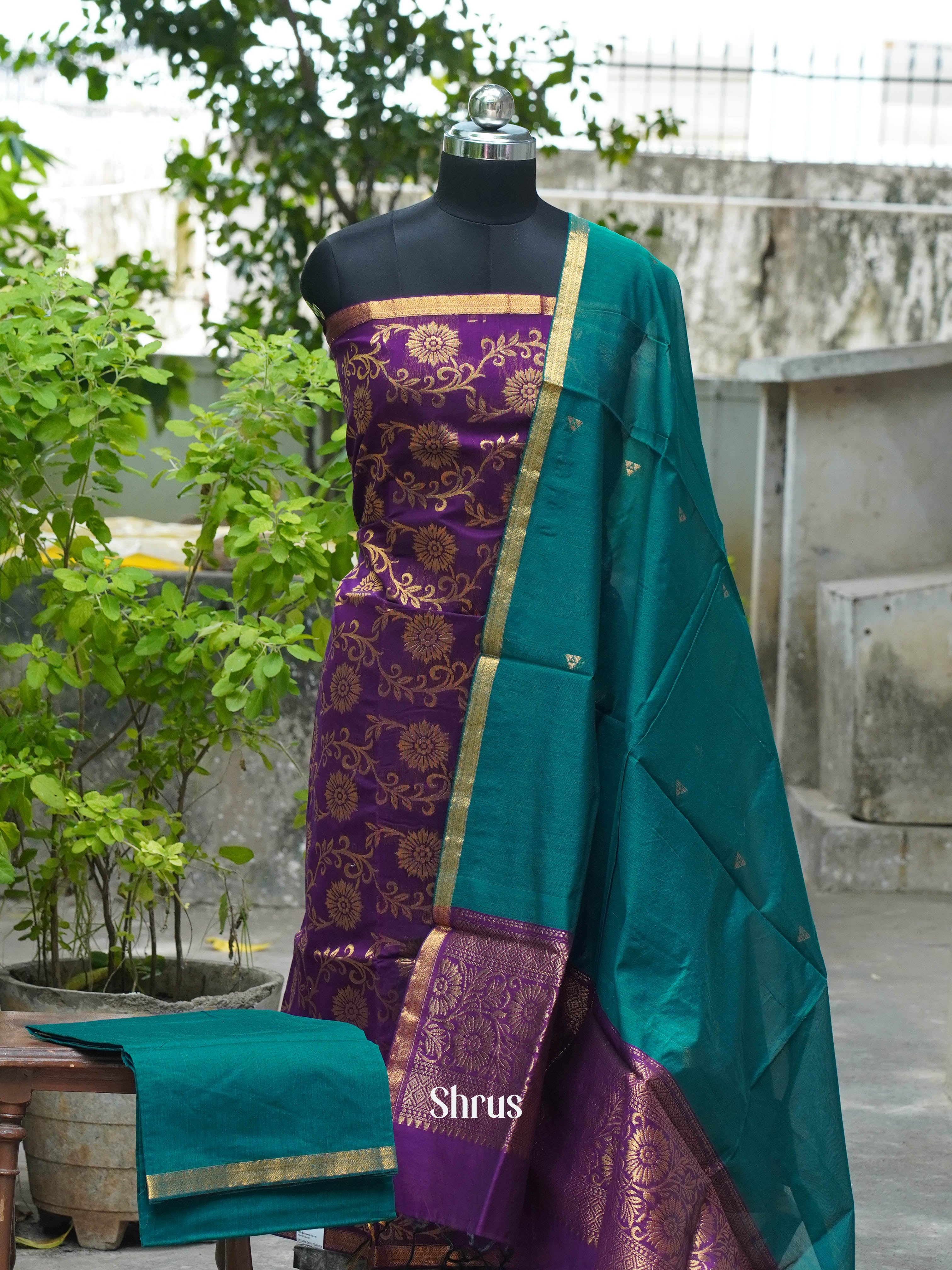 Violet & Green  - Semi silkcotton salwar