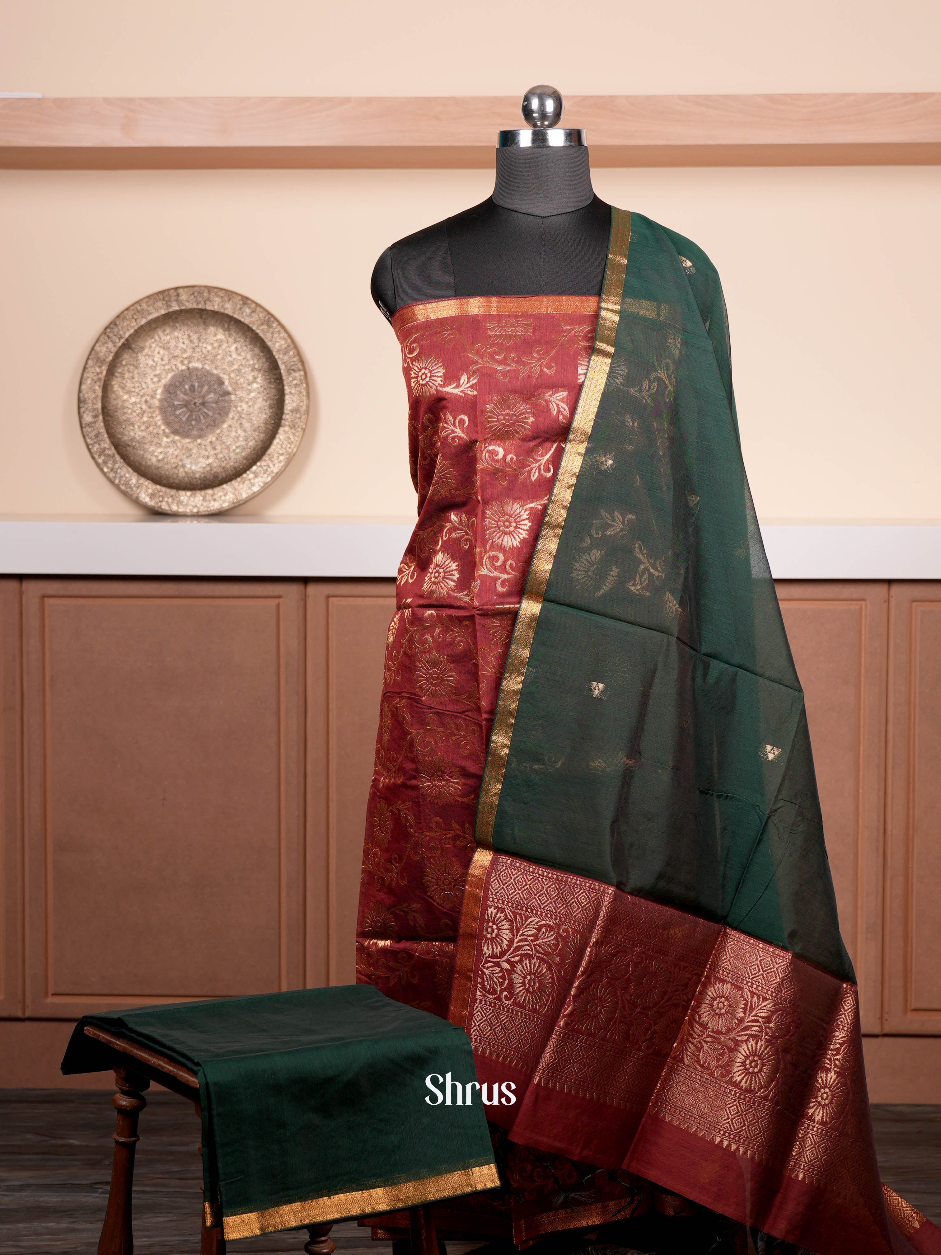 Reddish Brown & Green  - Semi silkcotton salwar