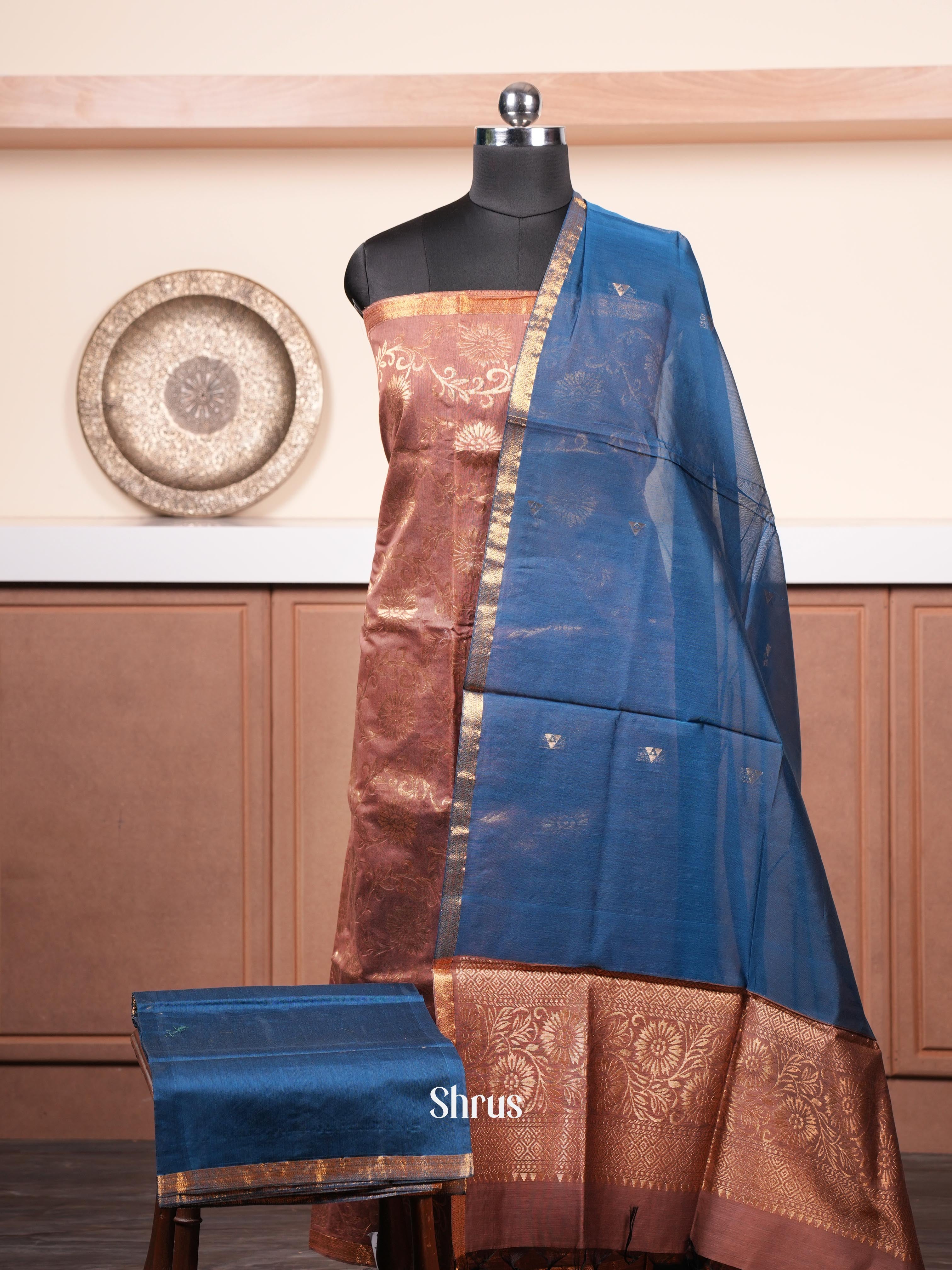 Peachy Brown & Blue  - Semi silkcotton salwar