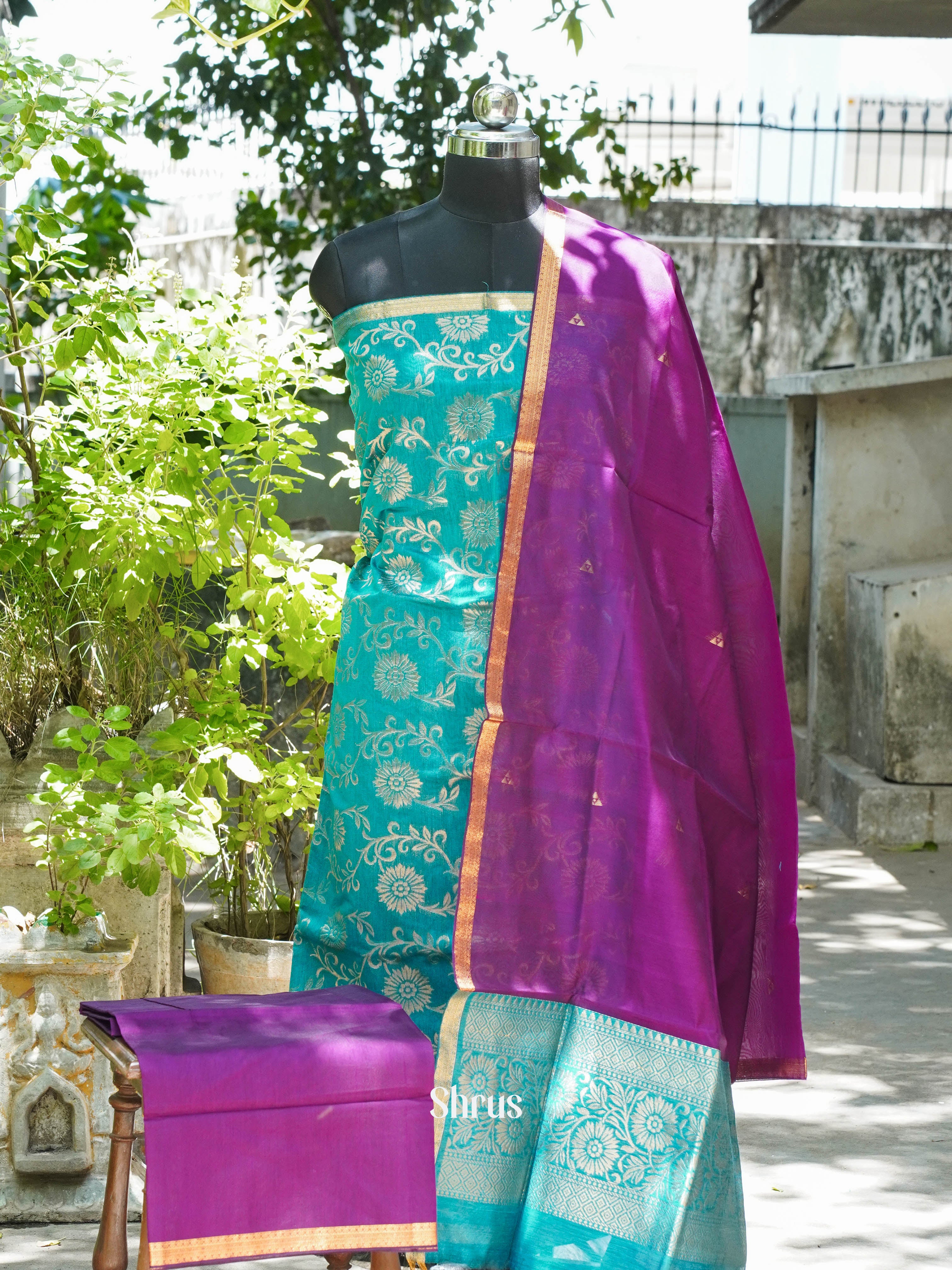 Greenish Blue & Purple - Semi silkcotton salwar