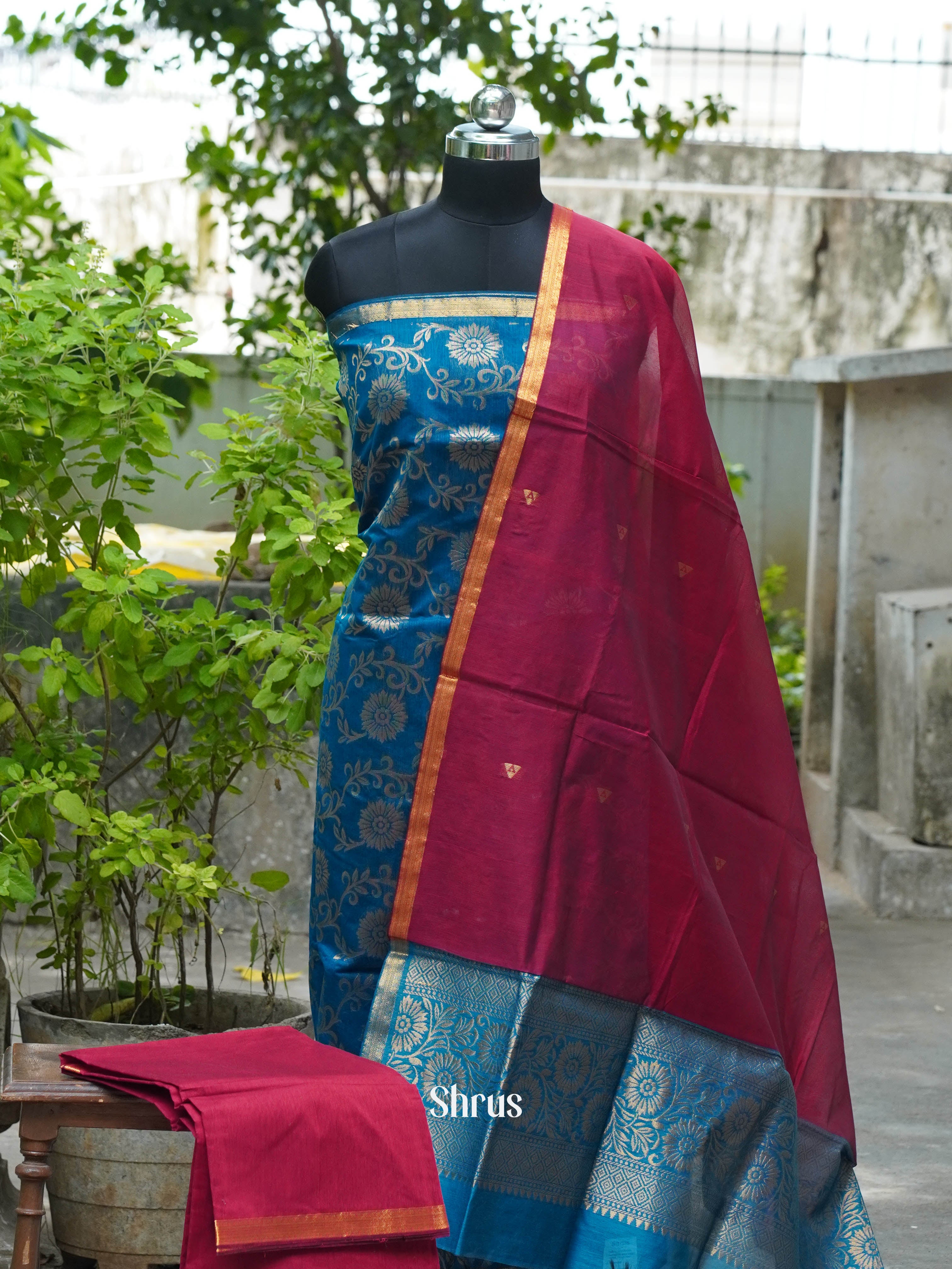 Blue & Maroon  - Semi silkcotton salwar