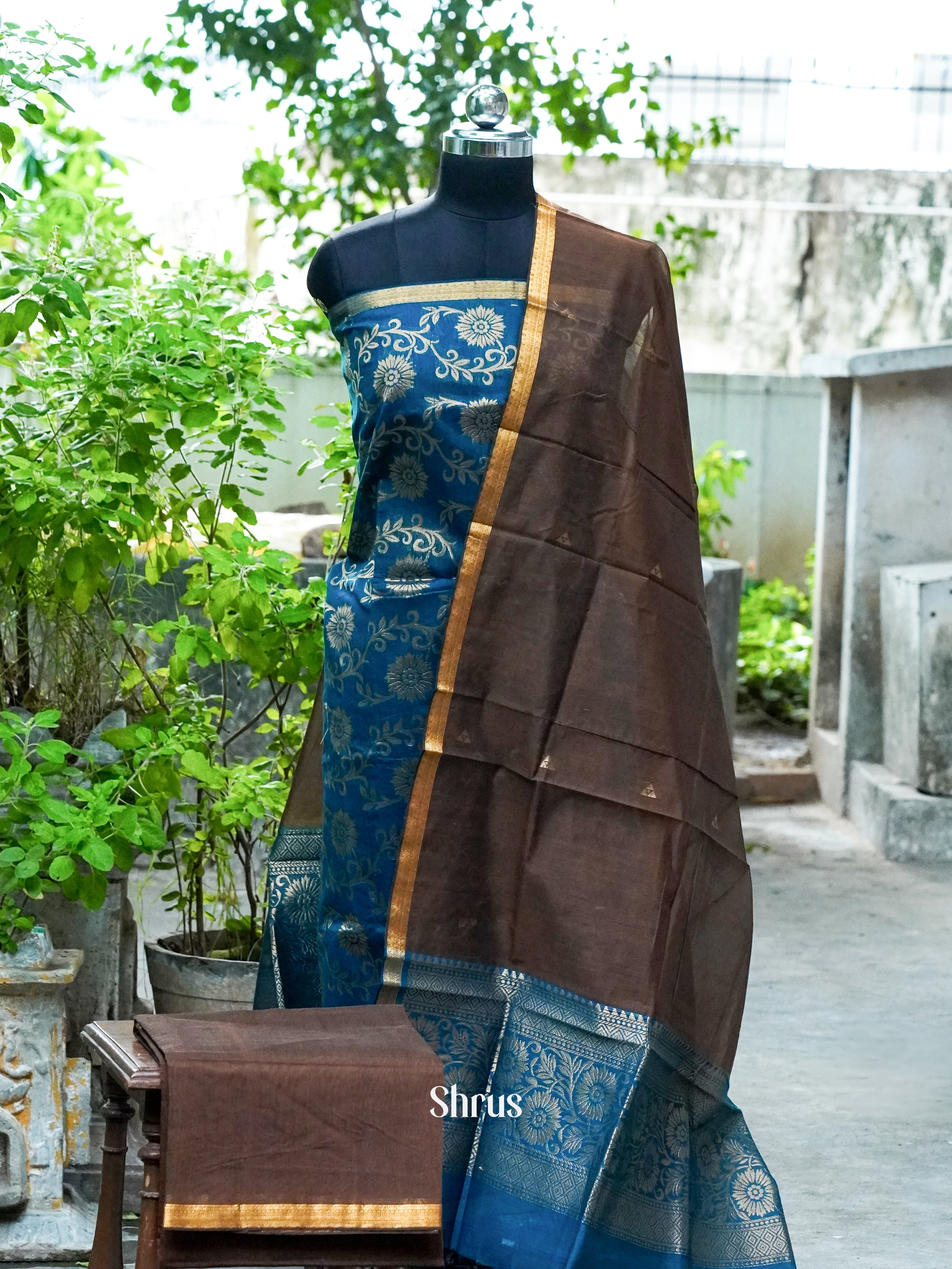 Blue and Dark Brown  - Semi silkcotton salwar