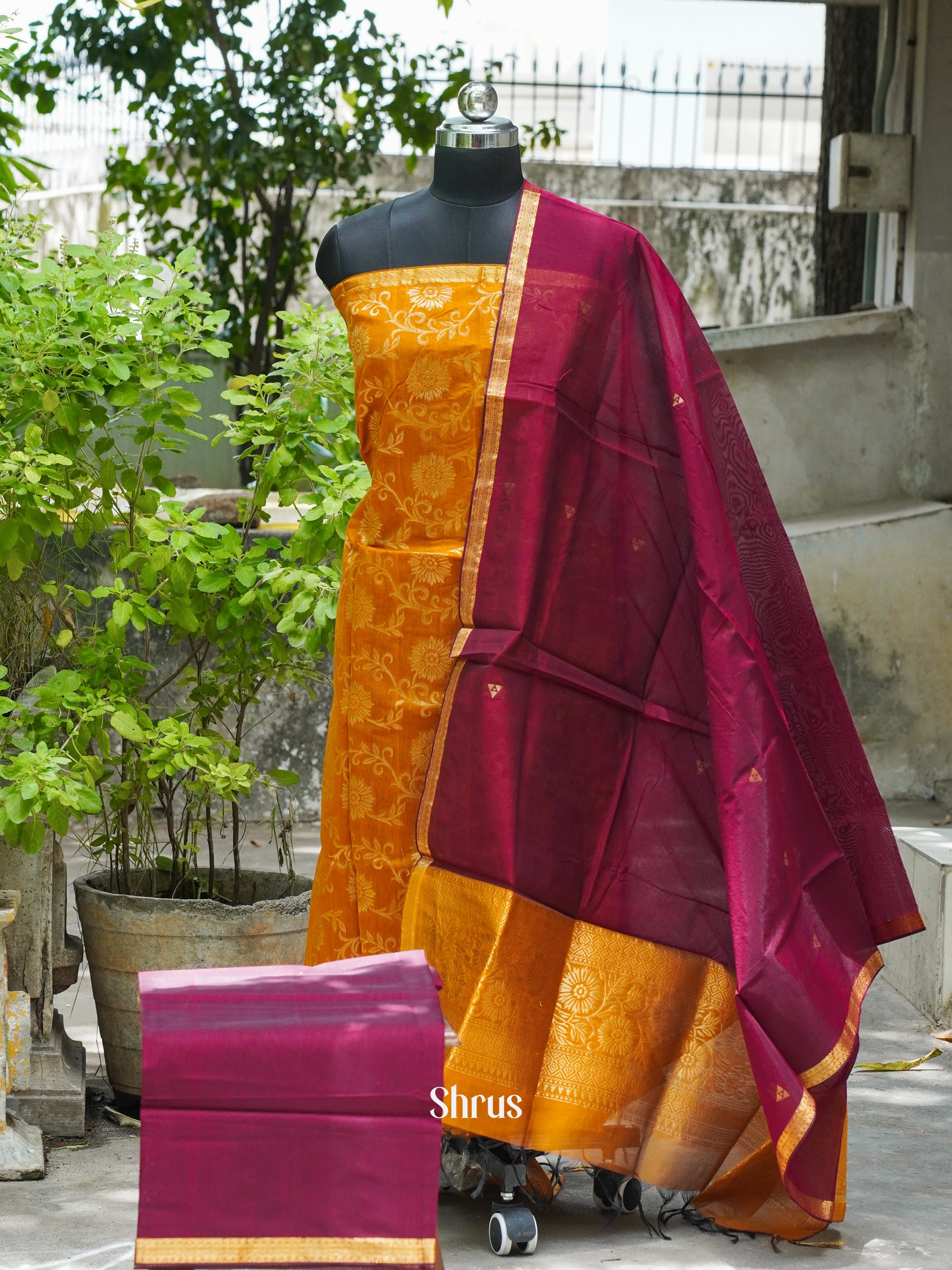 Mustard & Maroon - Semi silkcotton salwar