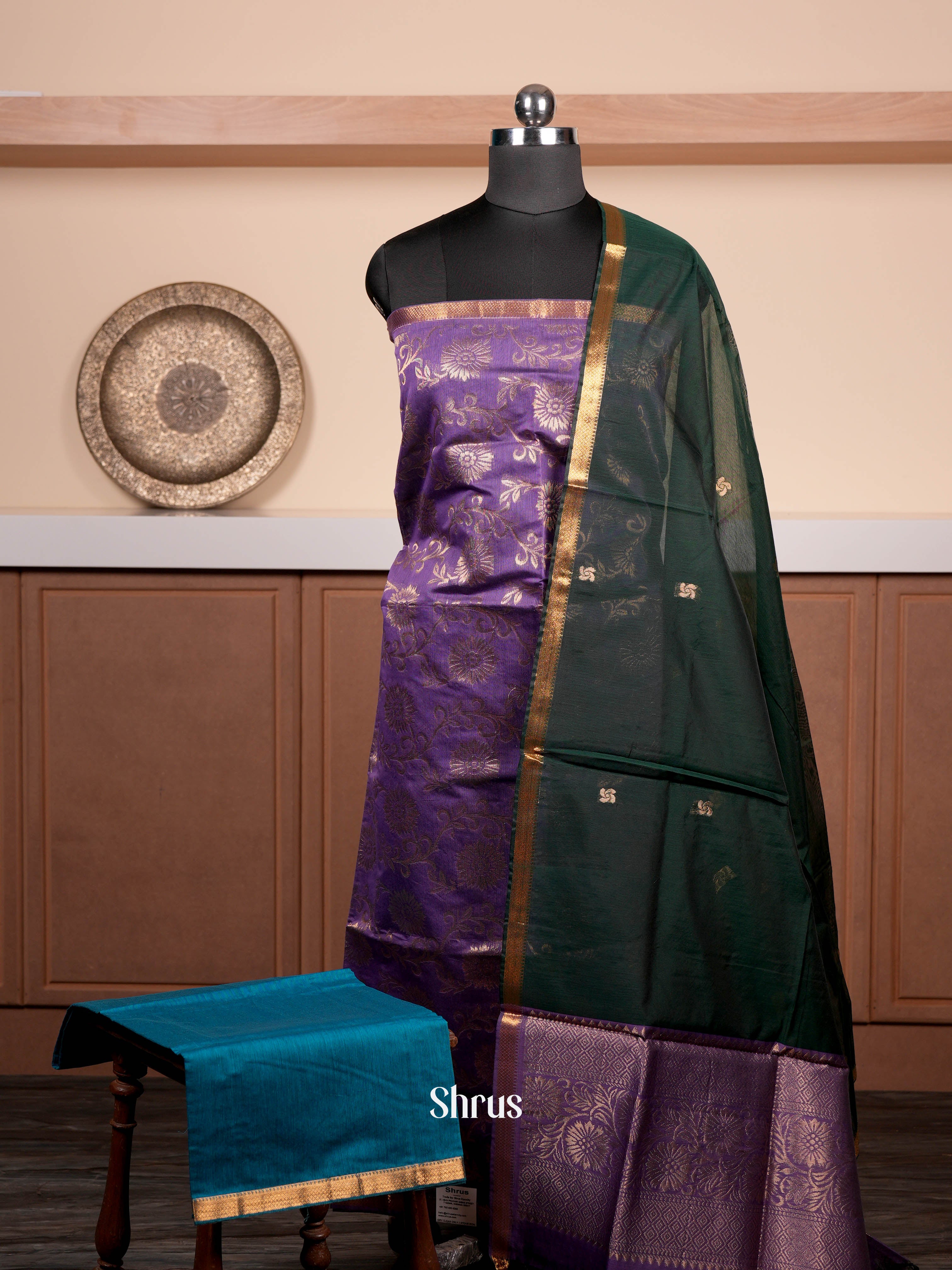 Purple & Green & Blue  - Semi silkcotton salwar