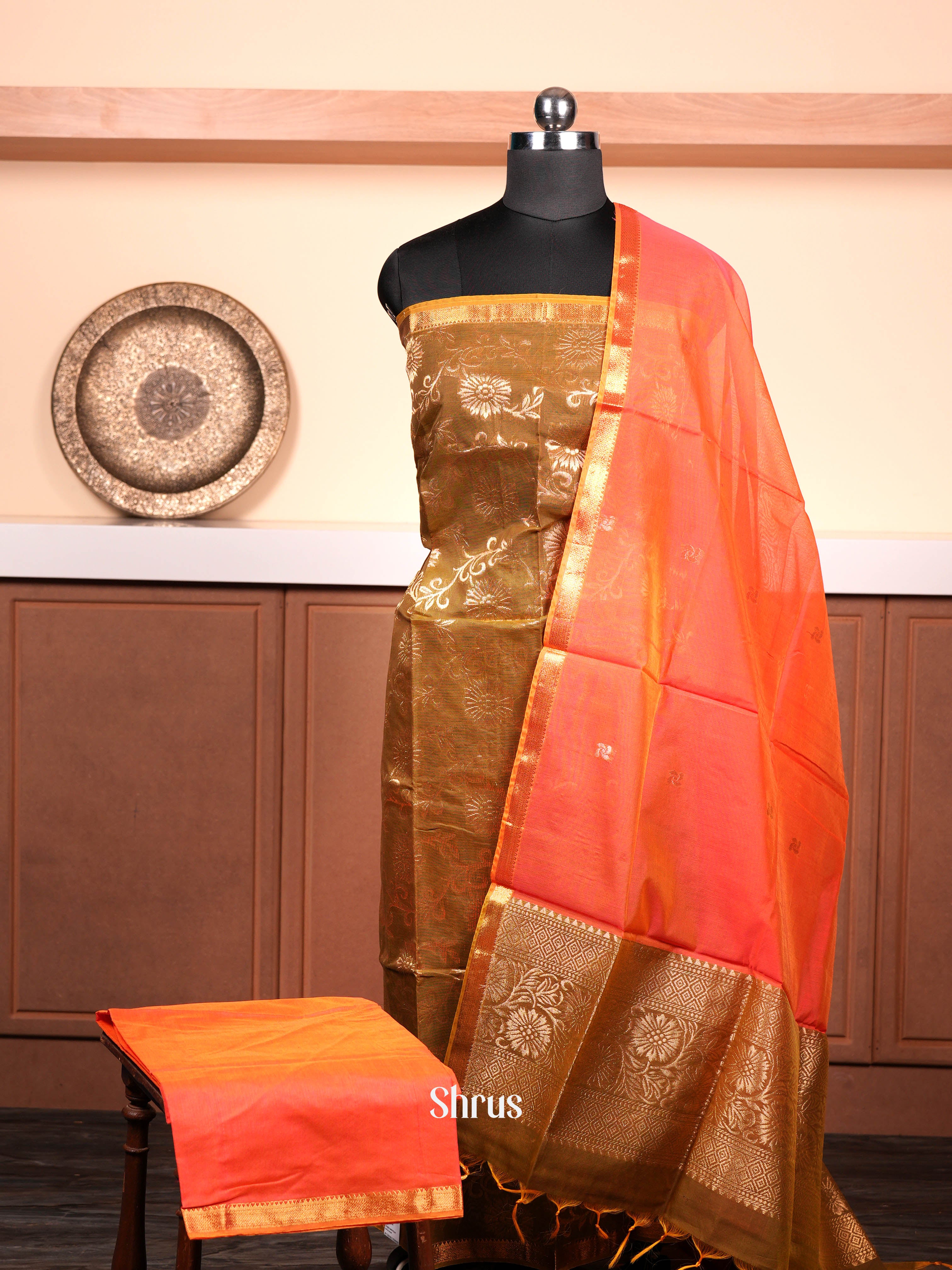 Olive Green  & Rosy  Orange -  Semi silkcotton salwar