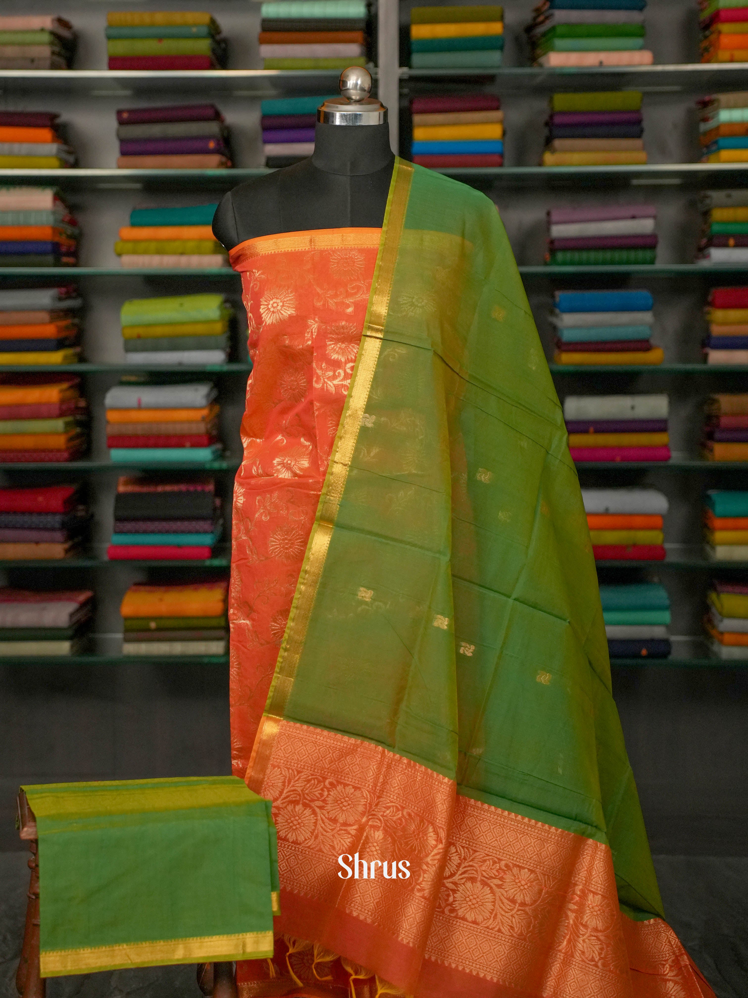 Pinkish Orange & Green  - semi softsilk salwar