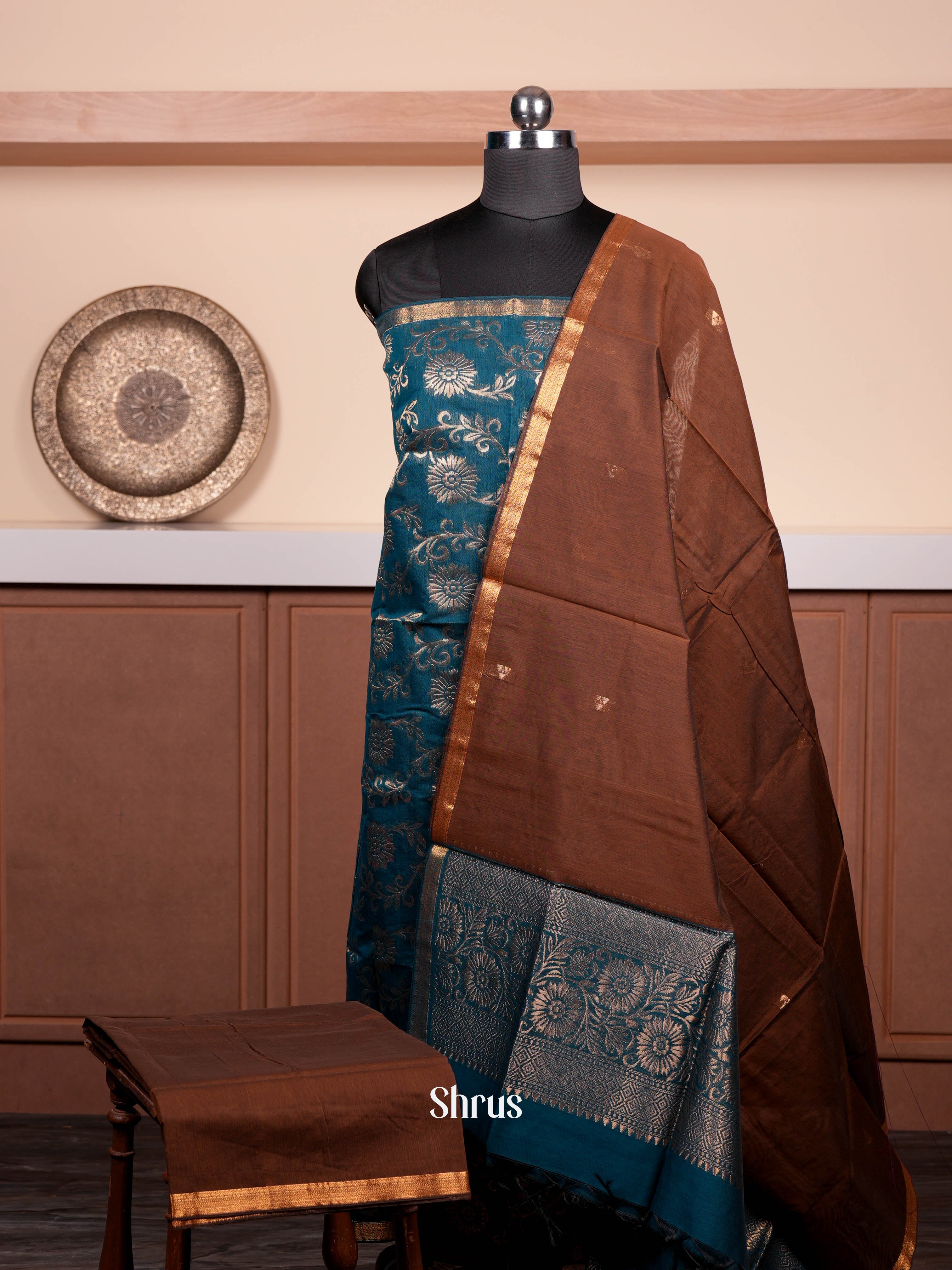 Blue & Brown - Semi silkcotton salwar