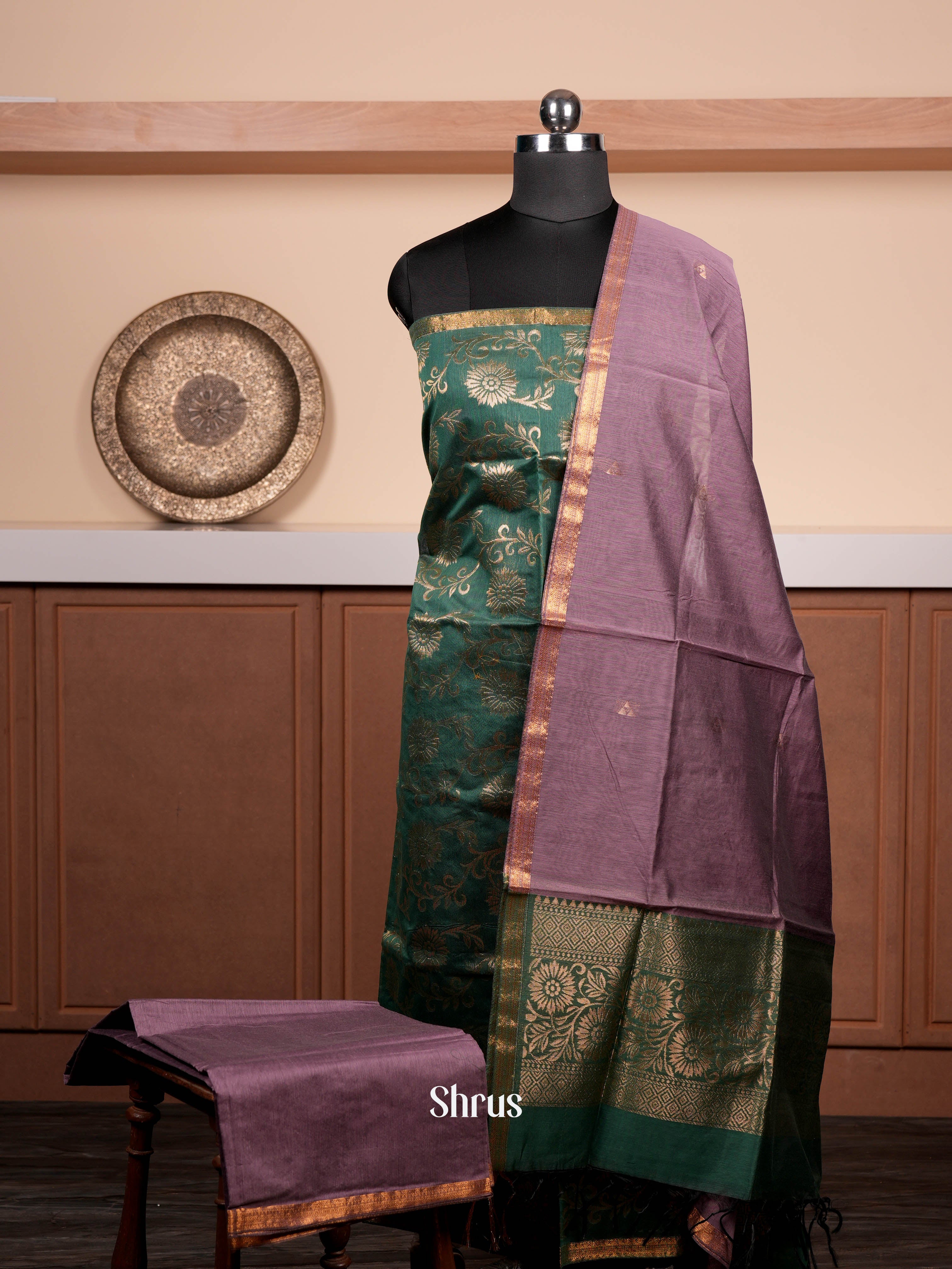 Green & Light Violet  - Semi silkcotton salwar