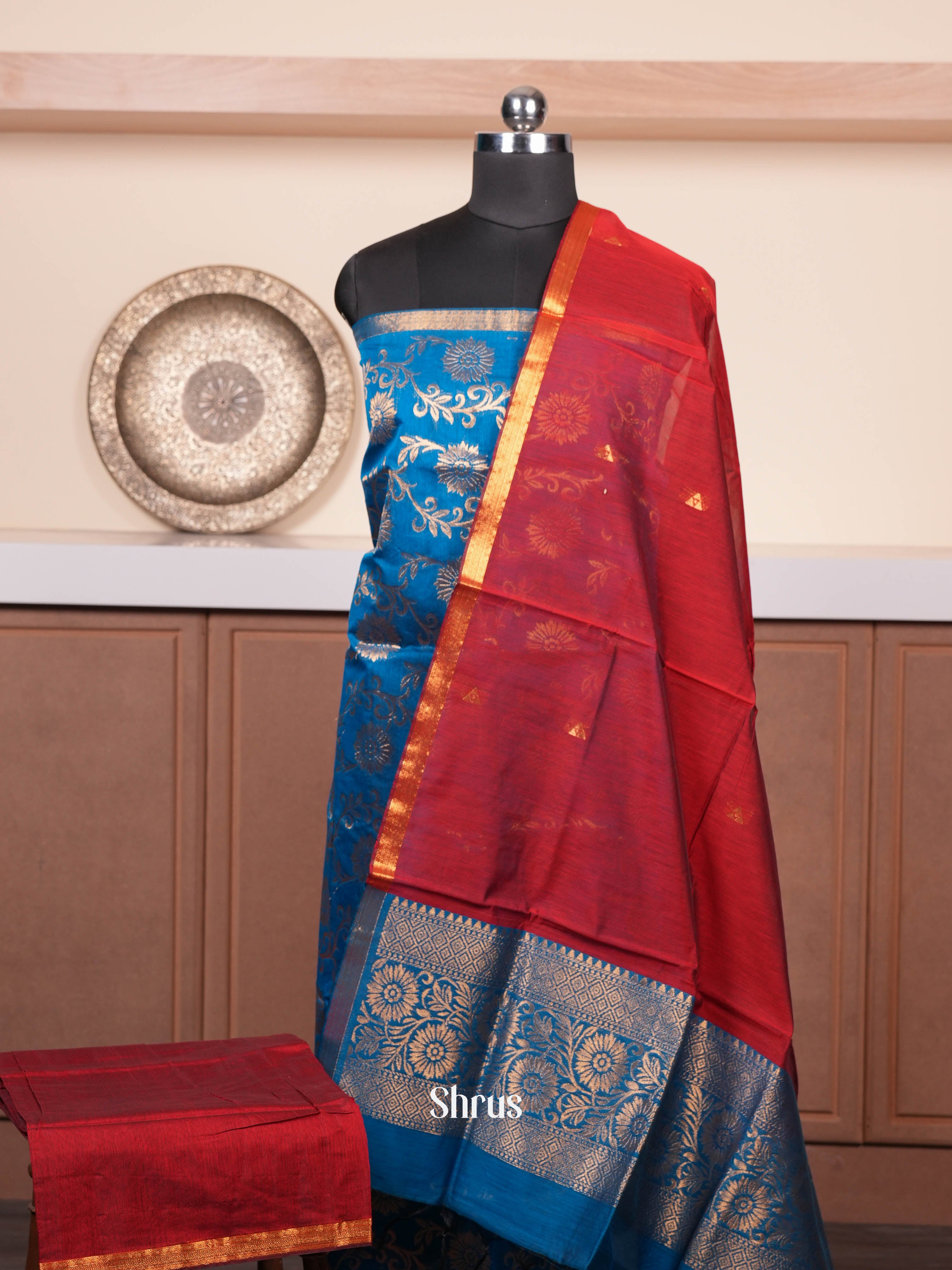 Blue & Maroon- Semi silkcotton salwar