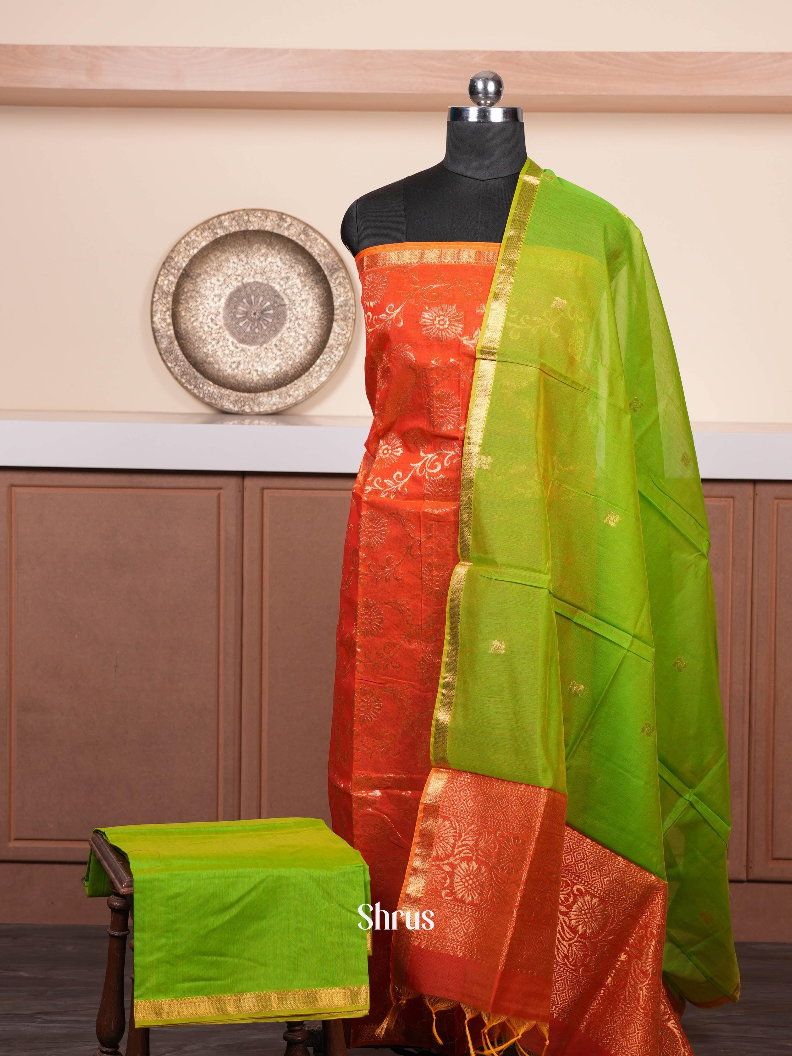 Orange & Green - Semi silkcotton salwar