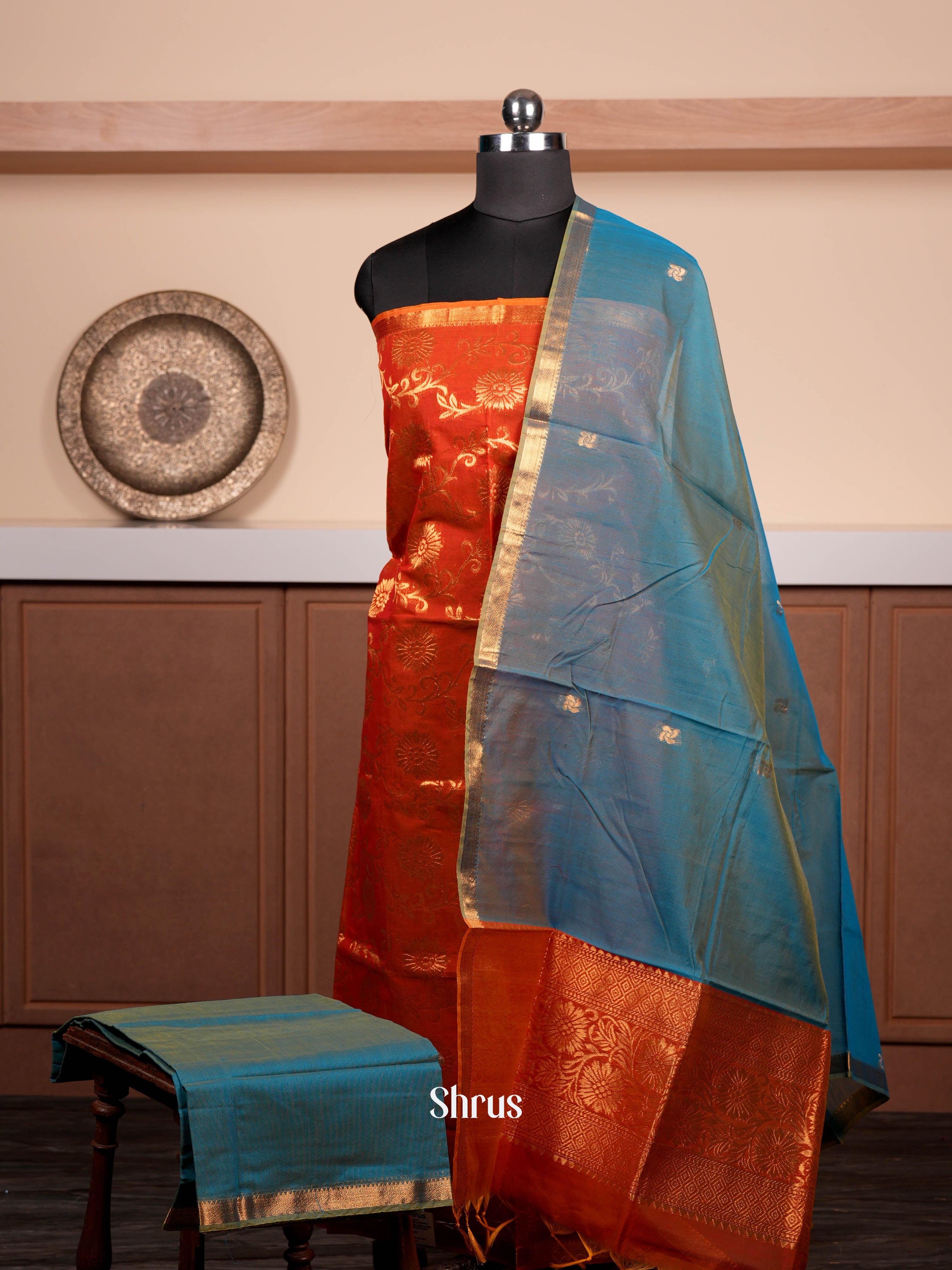 Orange & Double Shaded Teal - Semi silkcotton salwar