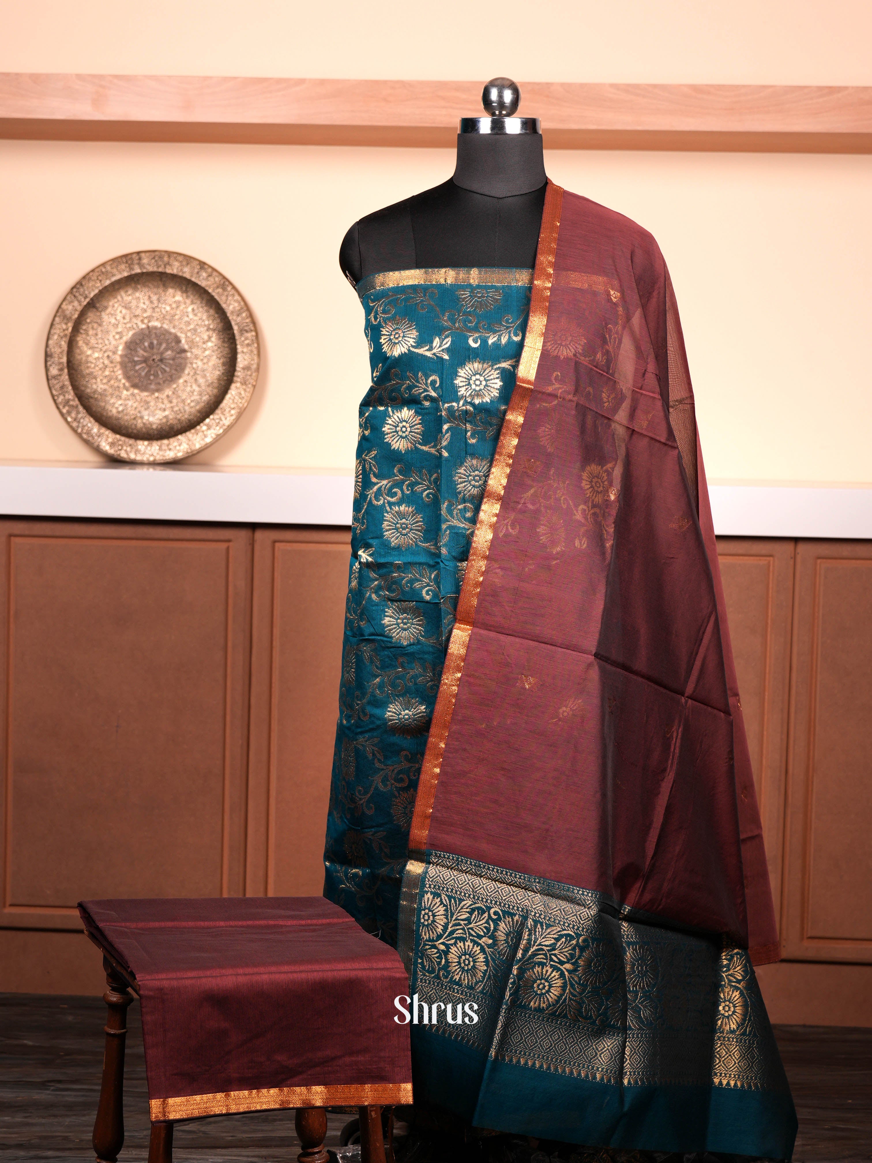 Blue & Brown  - Semi silkcotton salwar