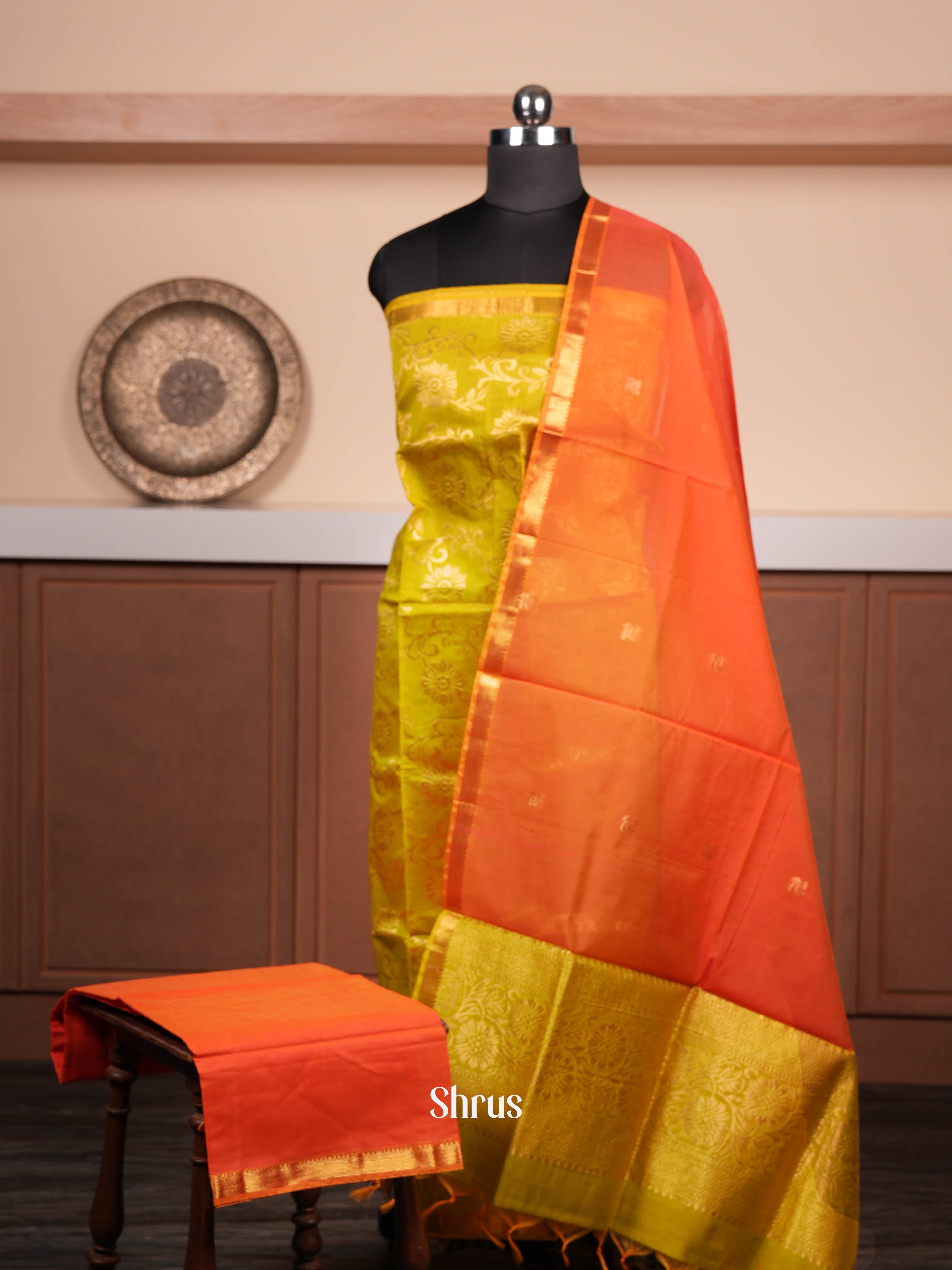 Golden Green & Rosy Orange  - Semi silkcotton salwar