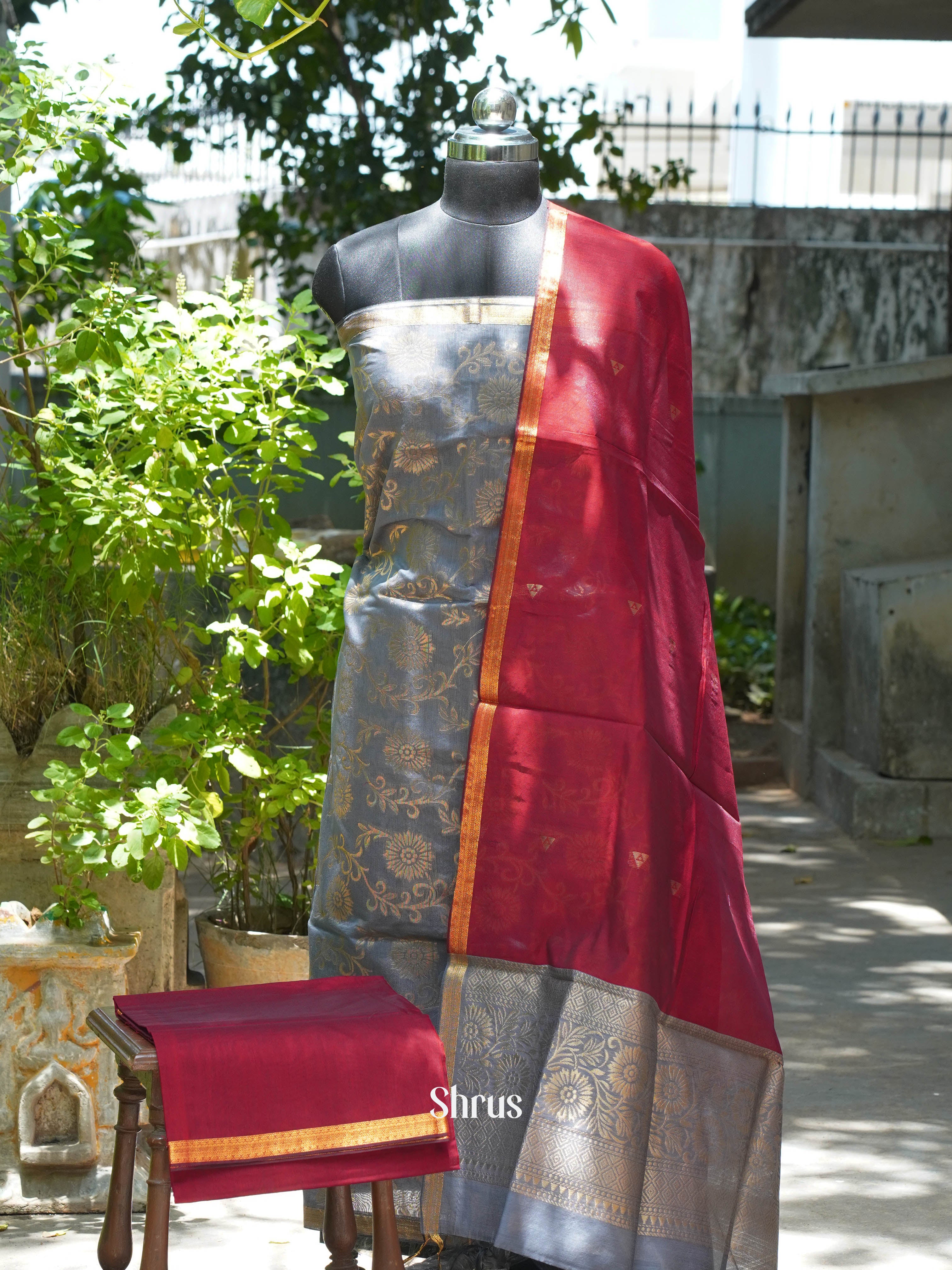 Grey & Maroon-  Semi silkcotton salwar