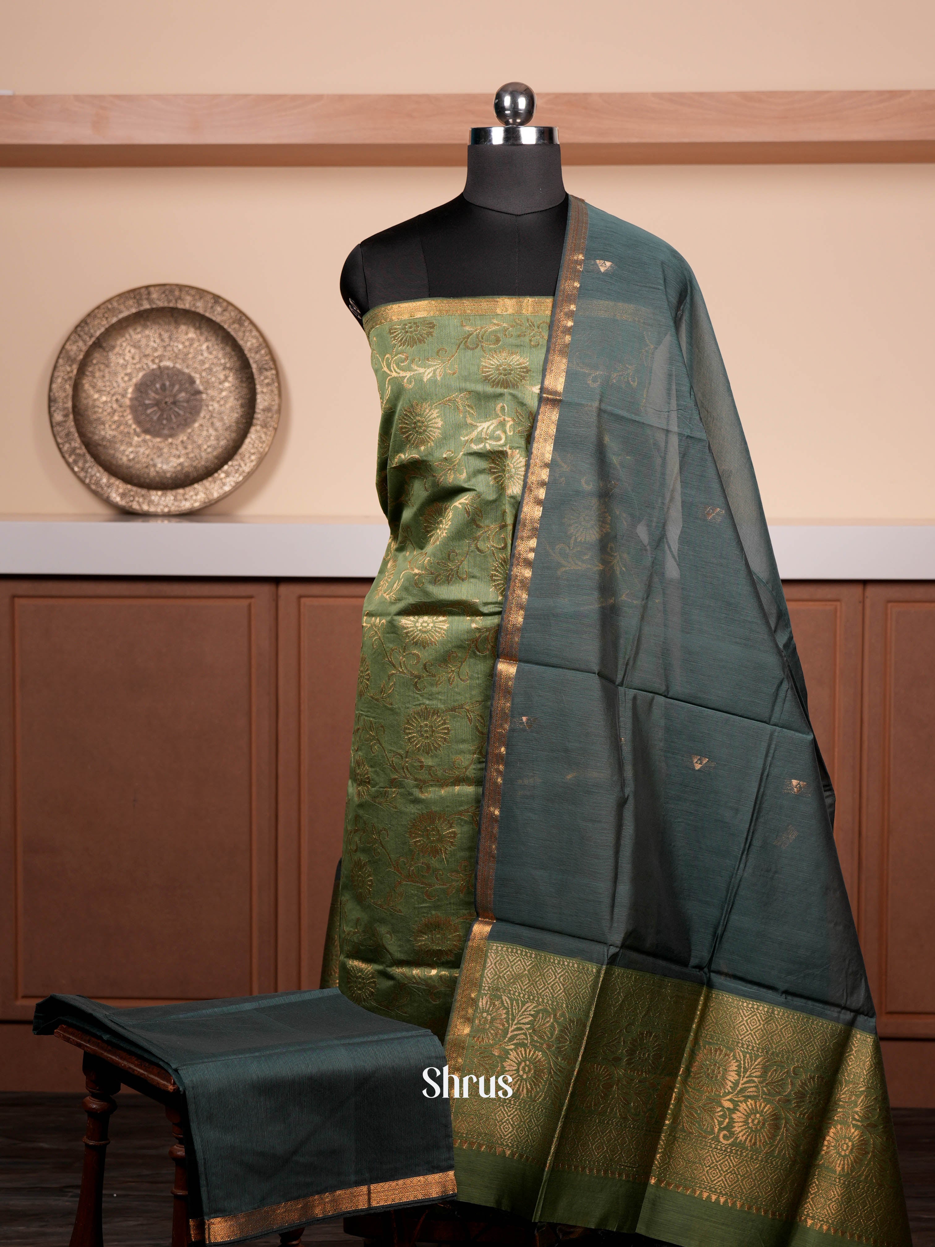 Pista Green & Green  - Semi silkcotton salwar