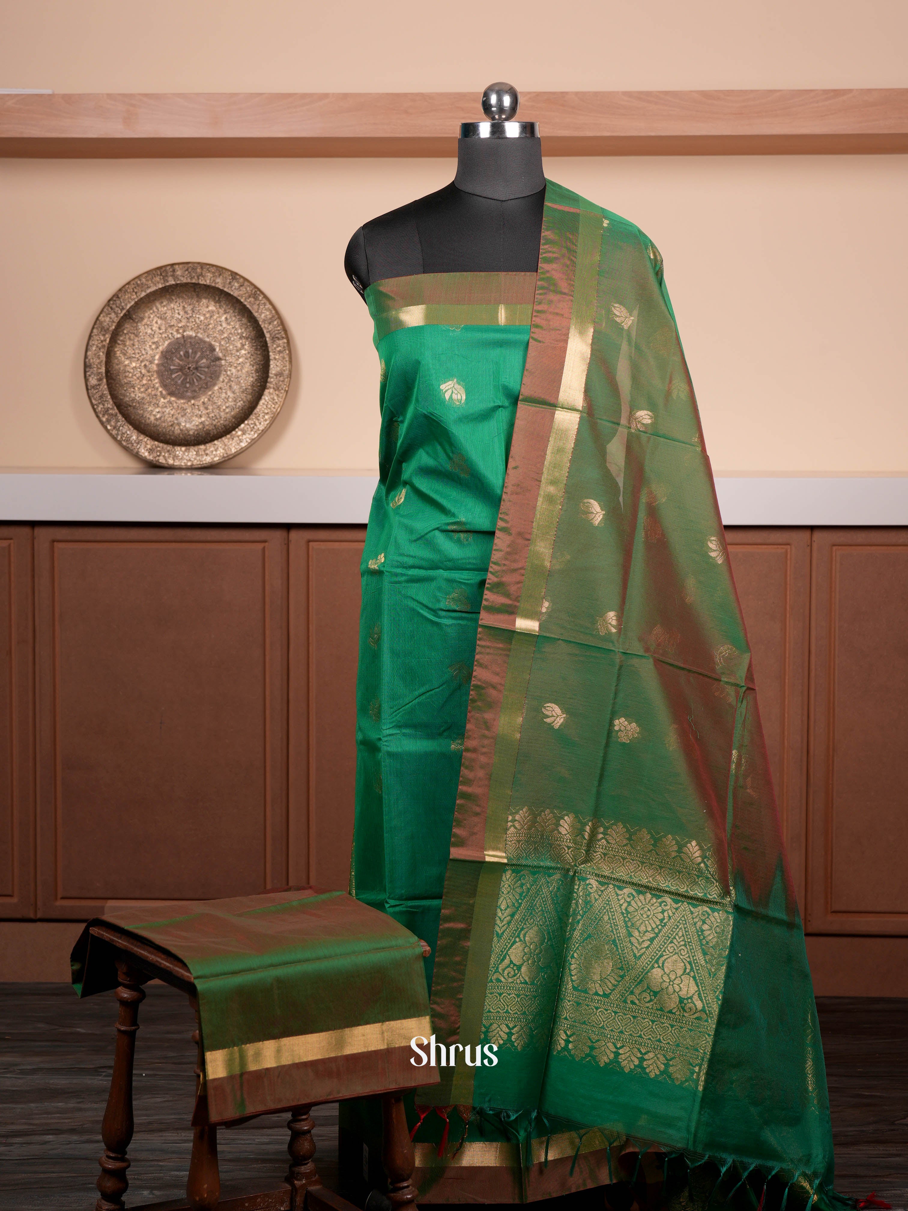 Green &  Double Shaded Green  - Semi silkcotton salwar