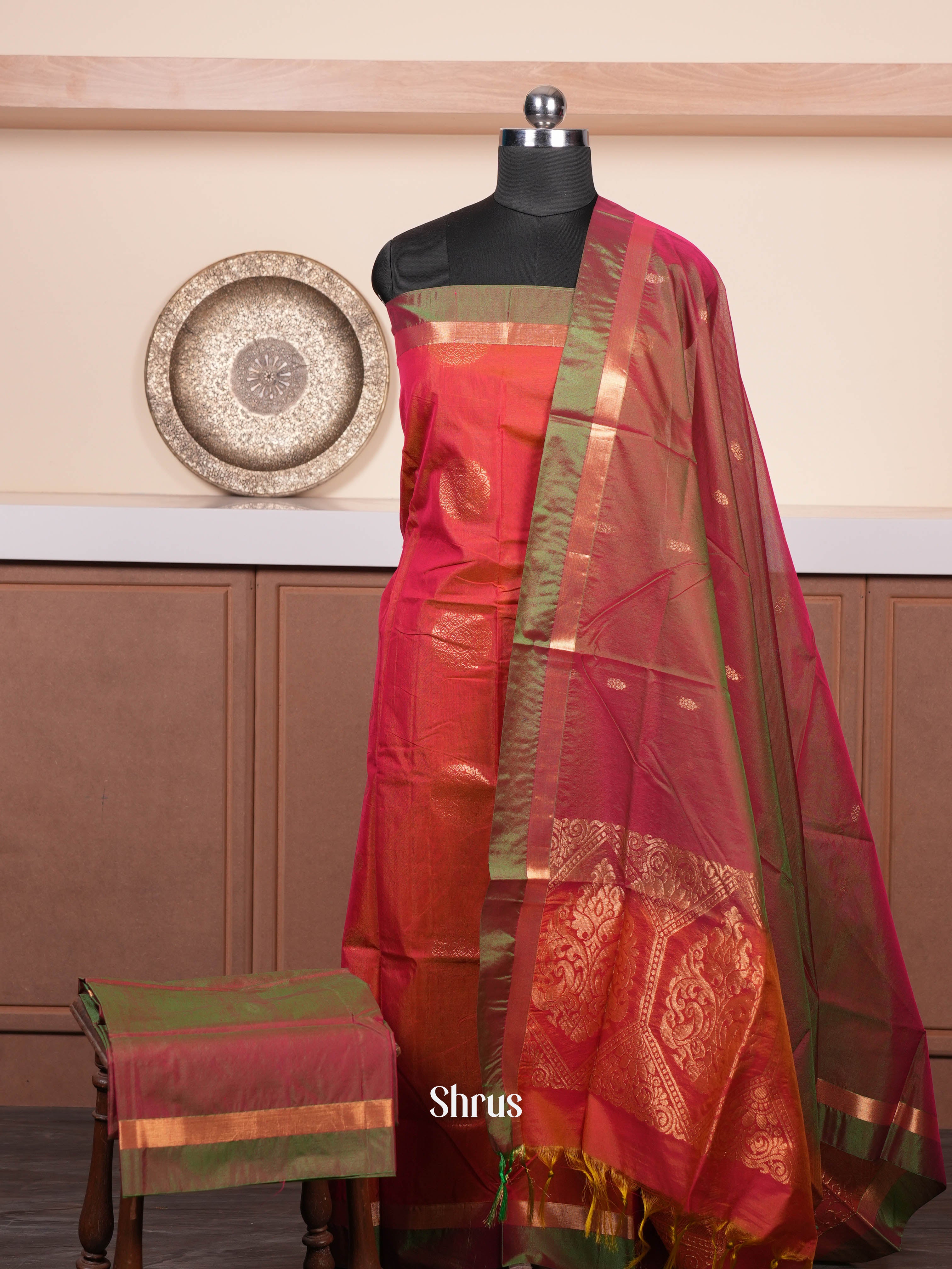 Red & Double Shaded Green - Semi silkcotton salwar