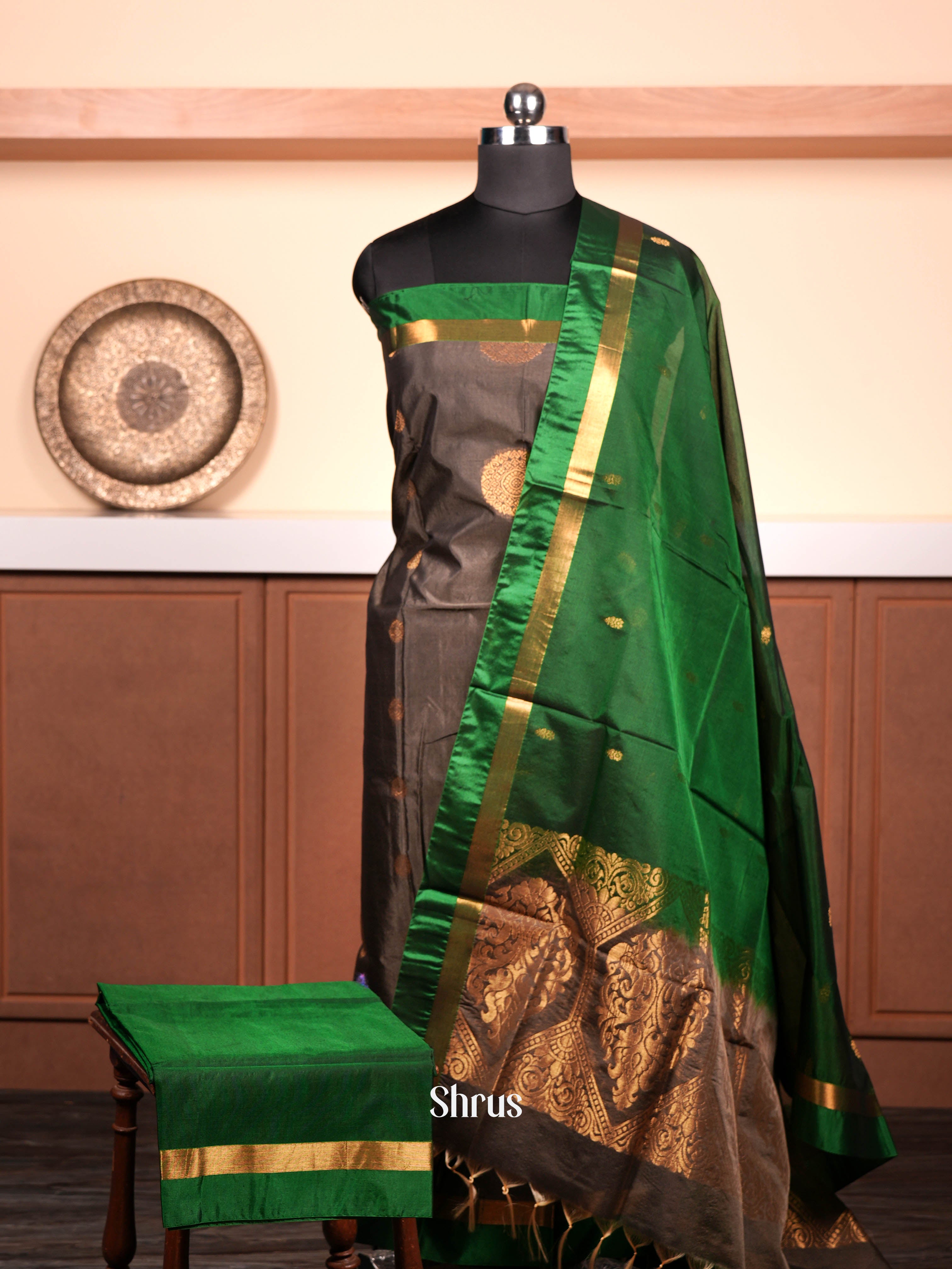 Grey & Green  - Semi silkcotton salwar