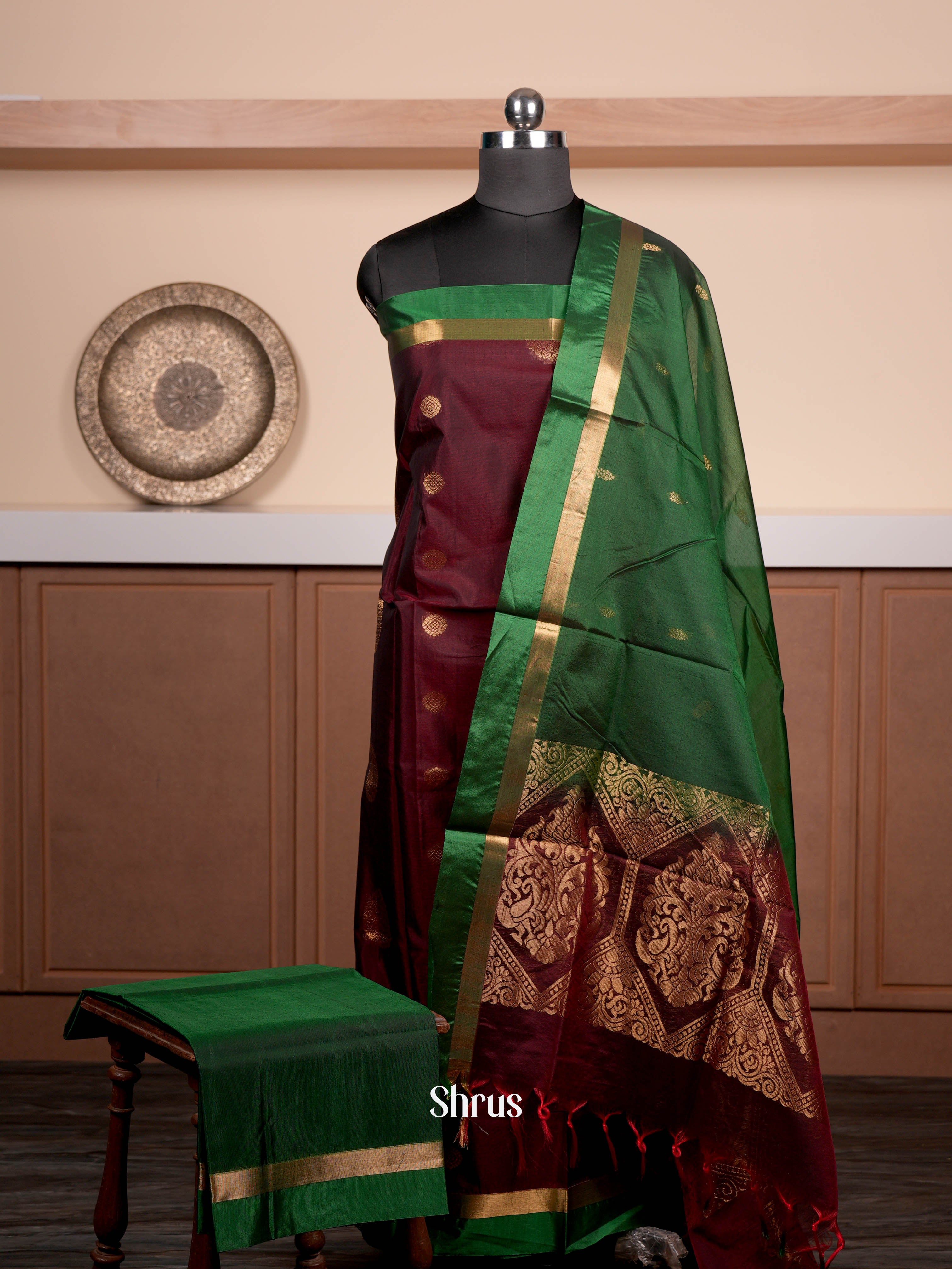 Reddish Brown & Green - Semi silkcotton salwar