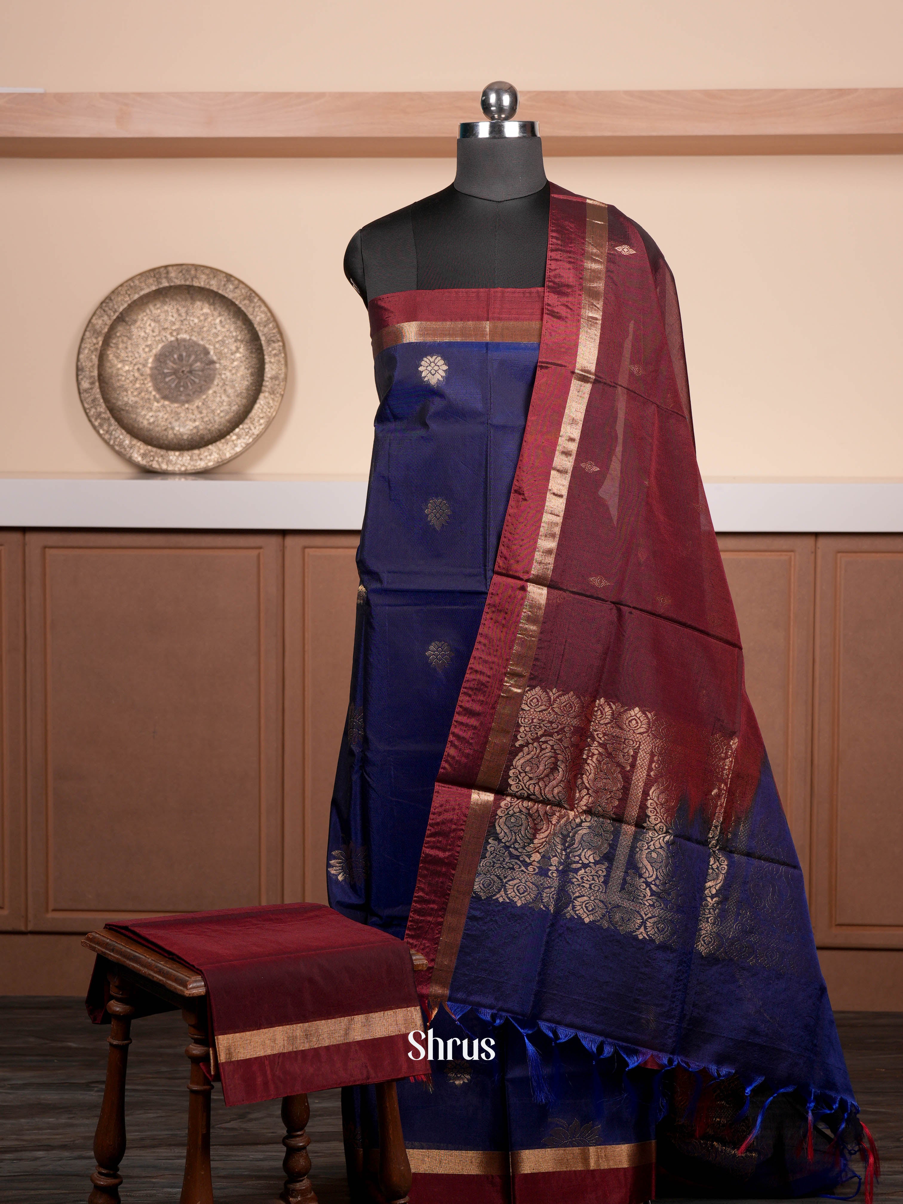 Navy Blue & Reddish Brown  - Semi silkcotton salwar