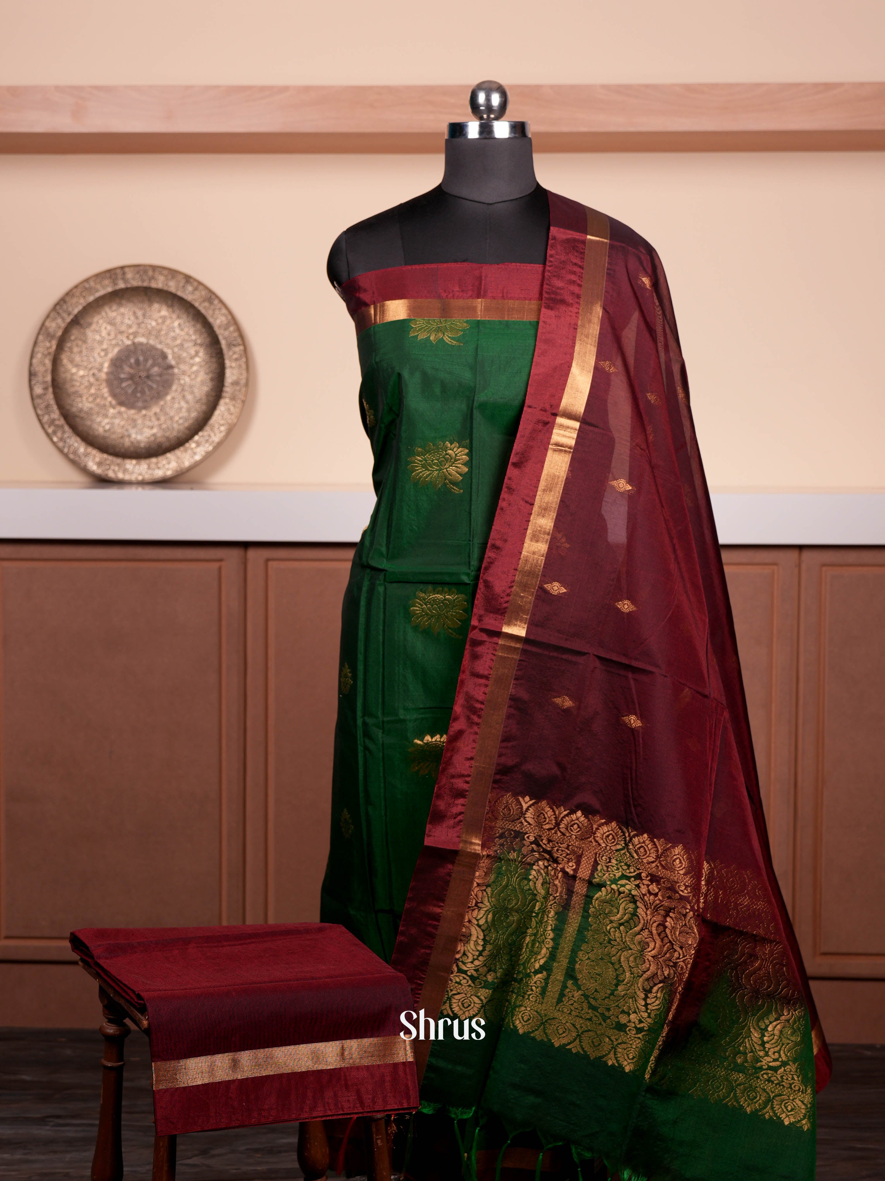 Green & Maroon  - Semi silkcotton salwar