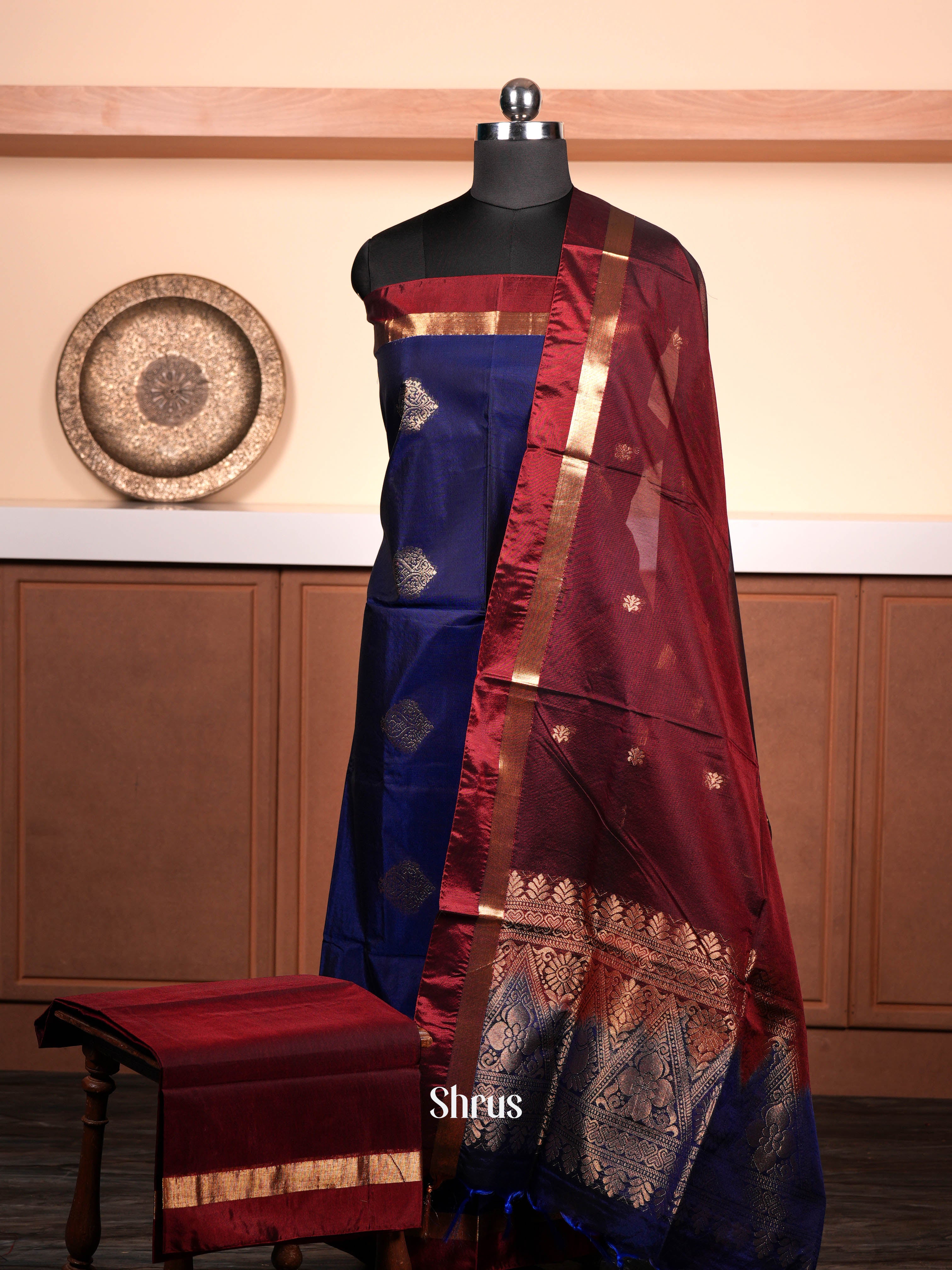 Blue & Maroon  - Semi silkcotton salwar