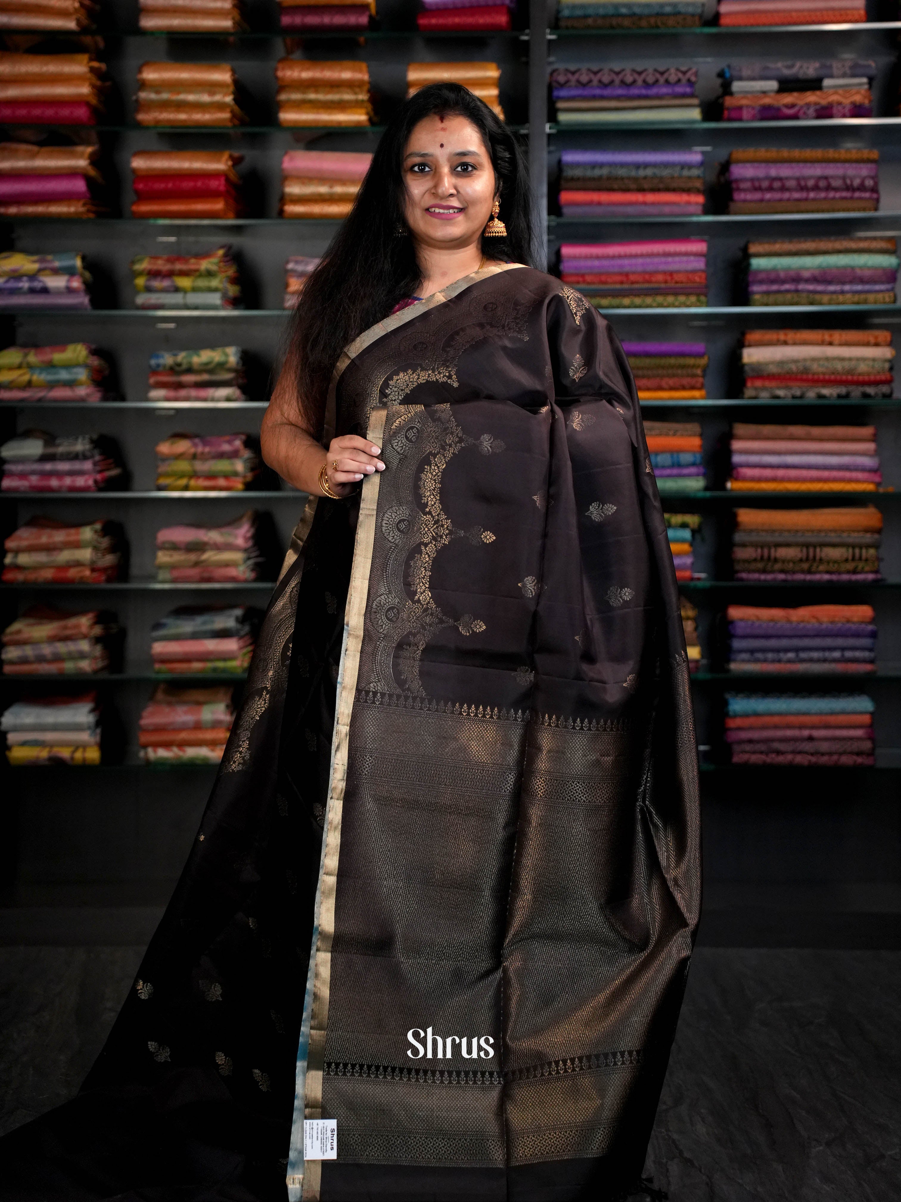 Dark Brown & Fancy Blue  - Soft Silk Saree