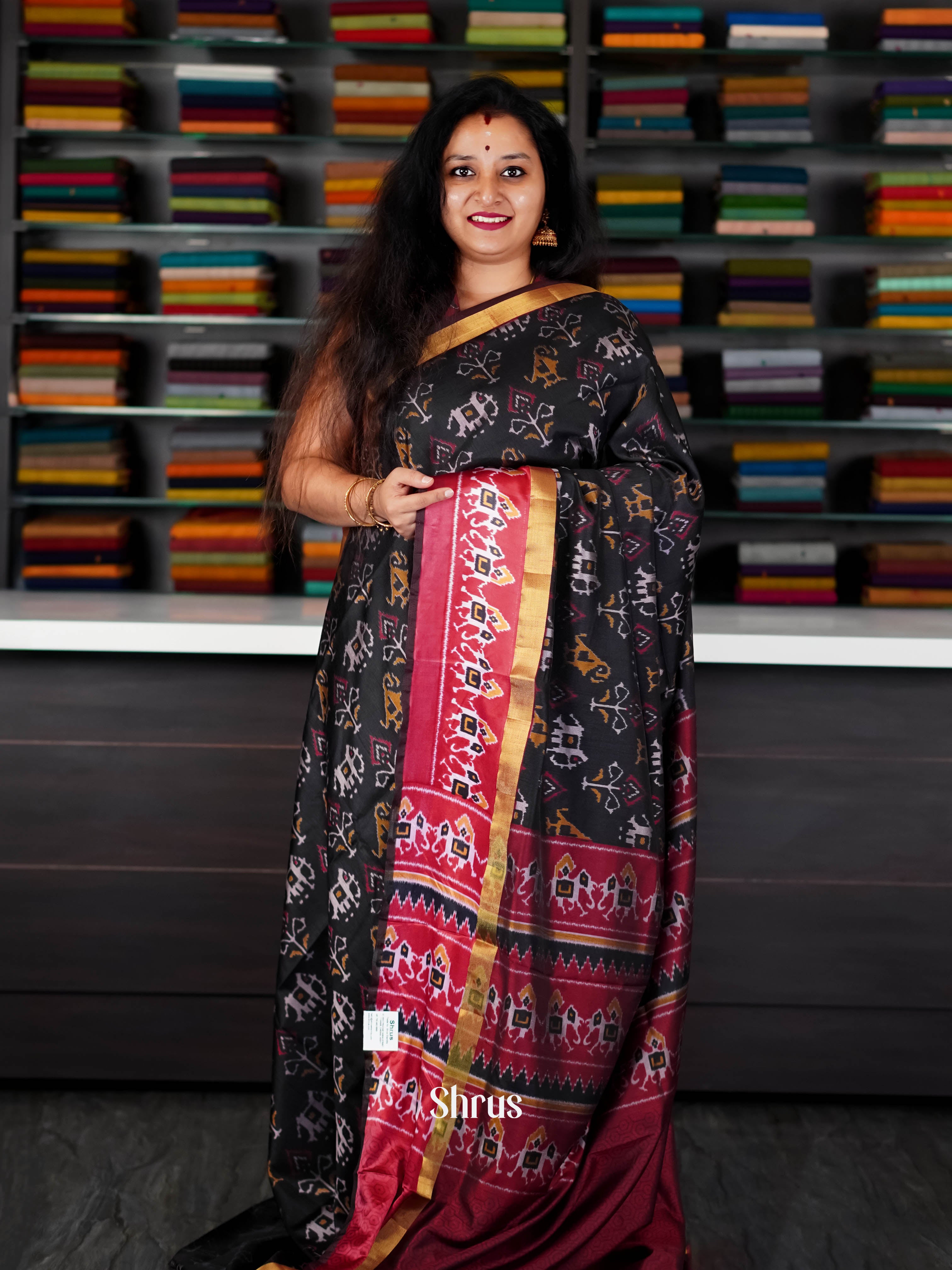 Black & Rosy Red  - Semi Patola Saree