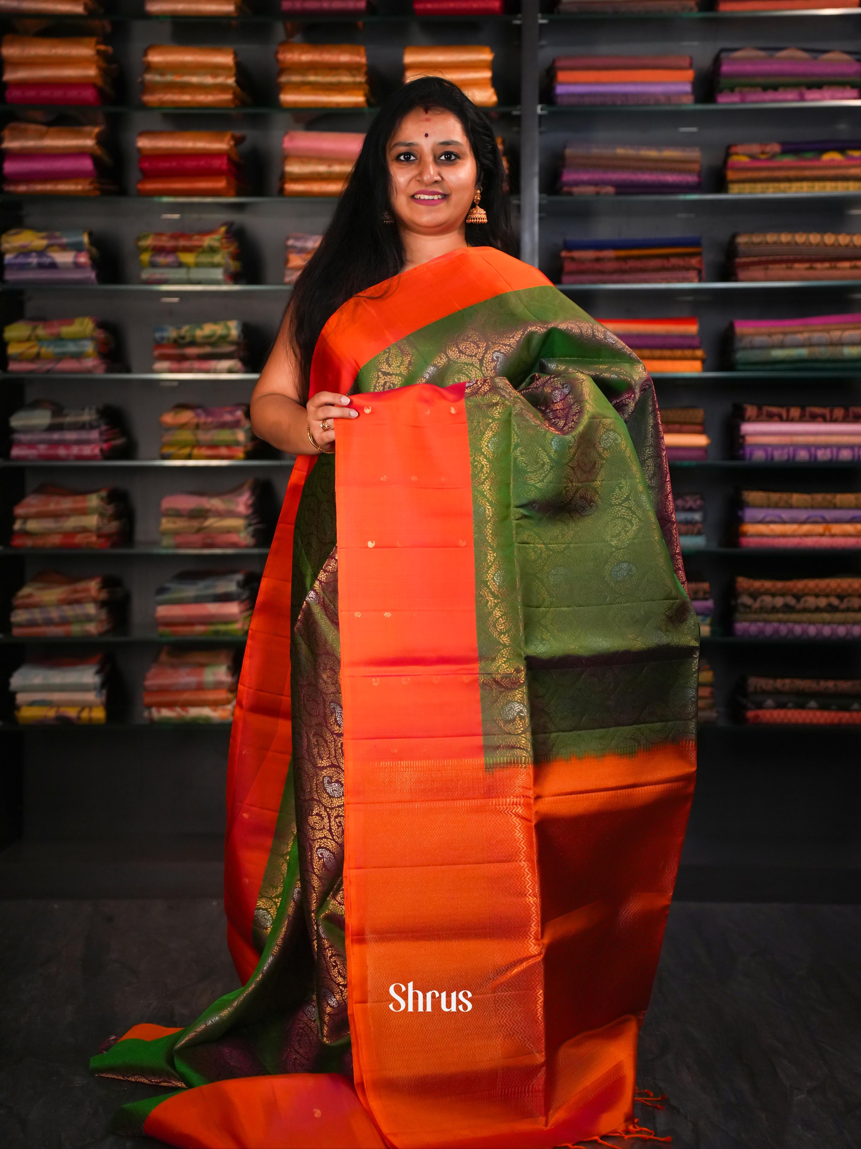 Double Shaded Orange & Green - Soft Silk Saree