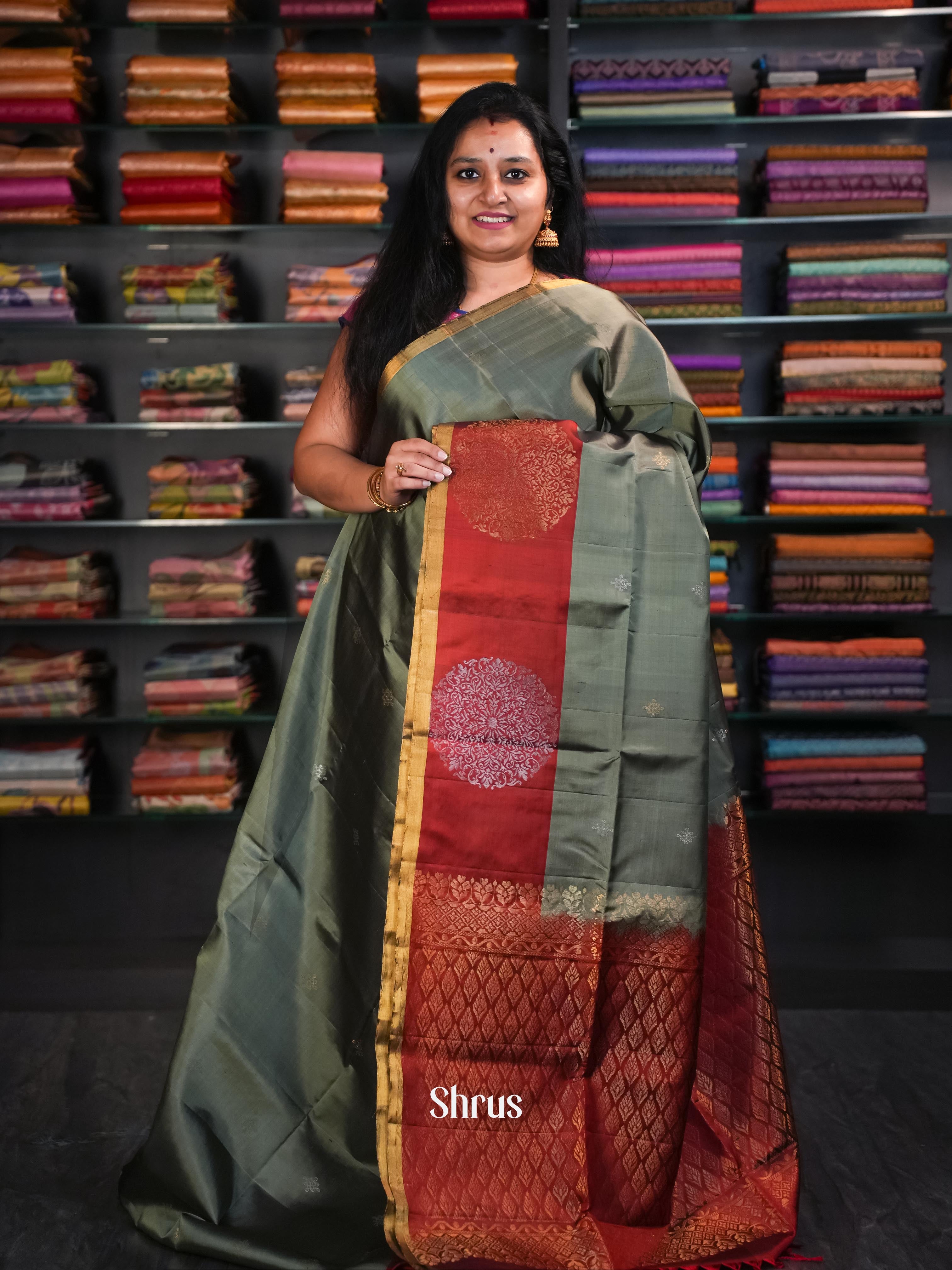 Grey & Maroon - Soft Silk Saree