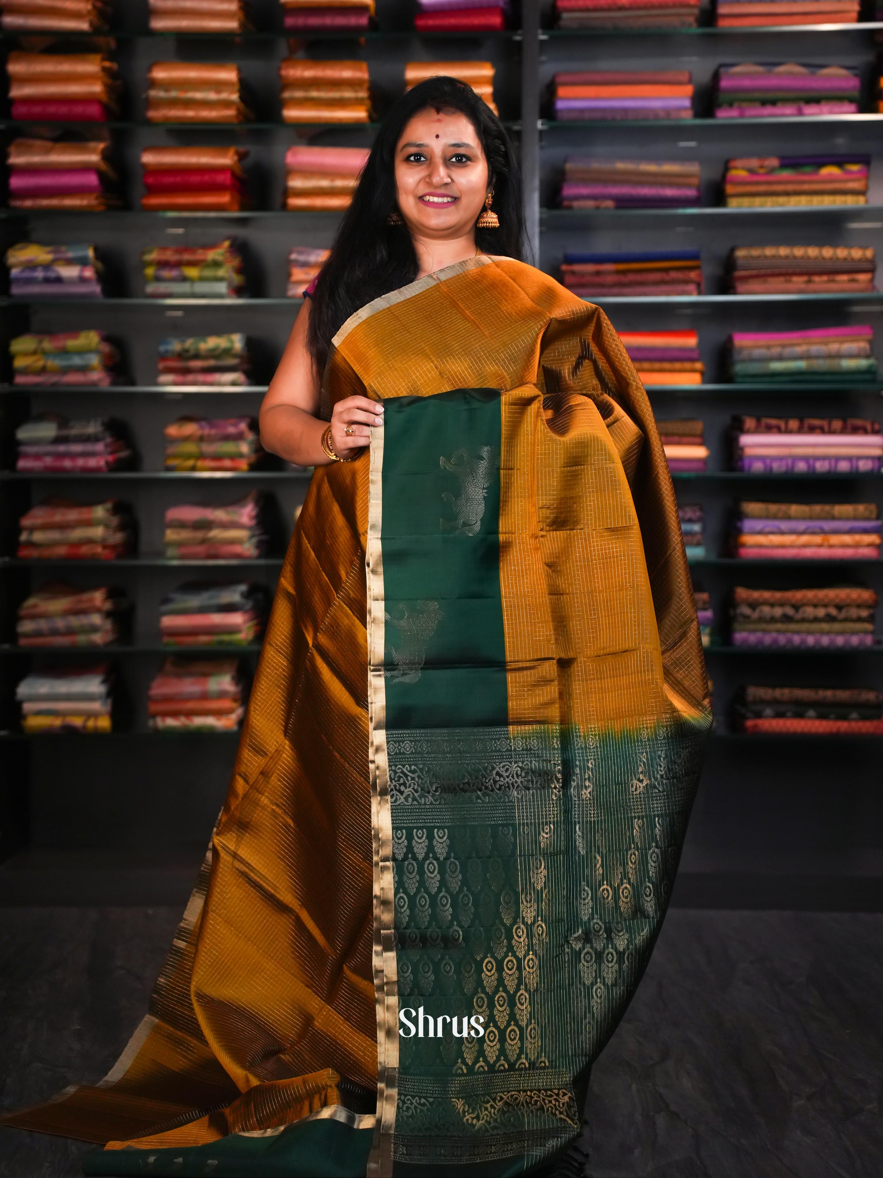 Golden Brown & Dark Green  - Soft Silk Saree