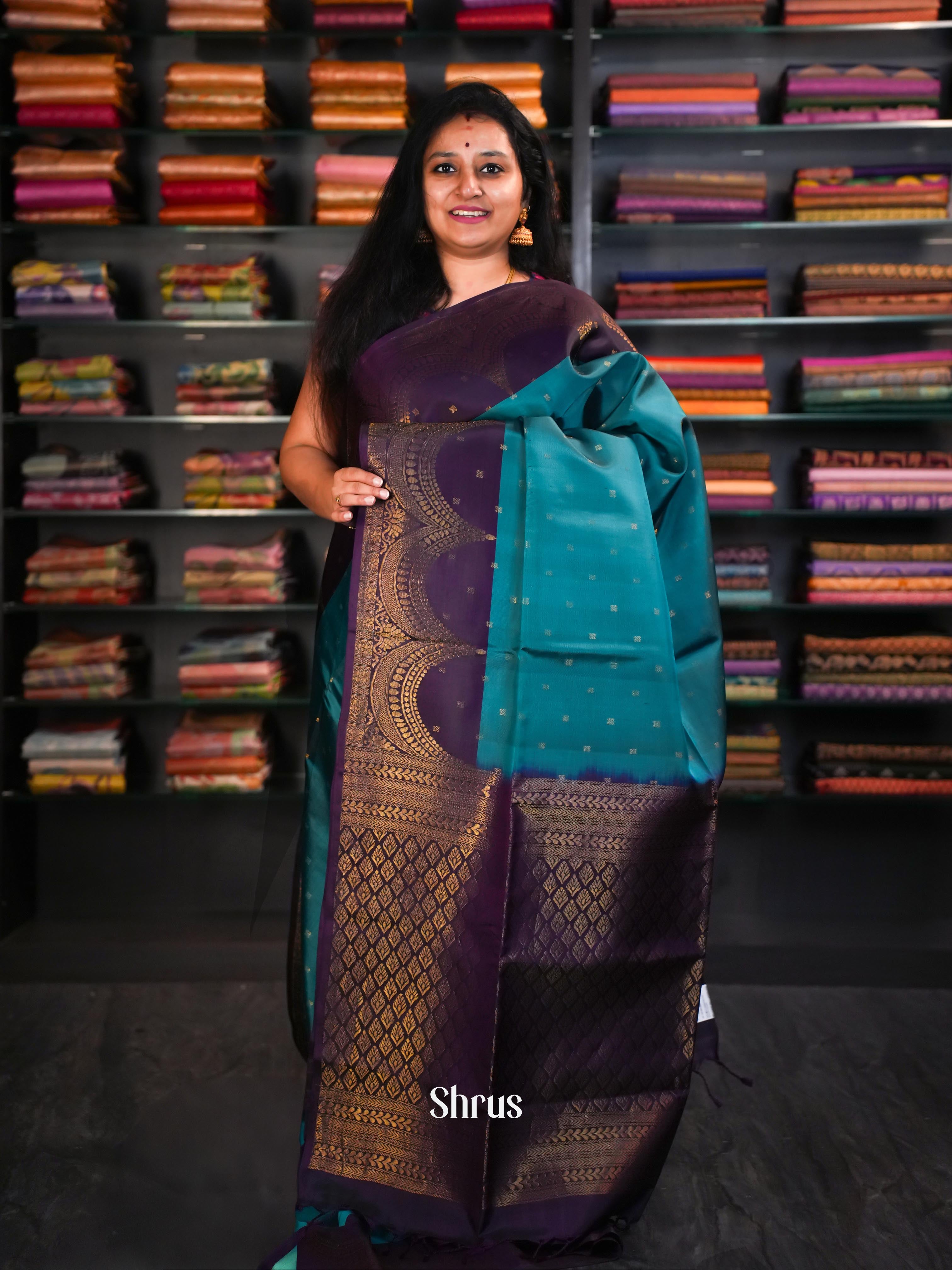 Dark Orchid Purple & Teal  - Soft Silk Saree