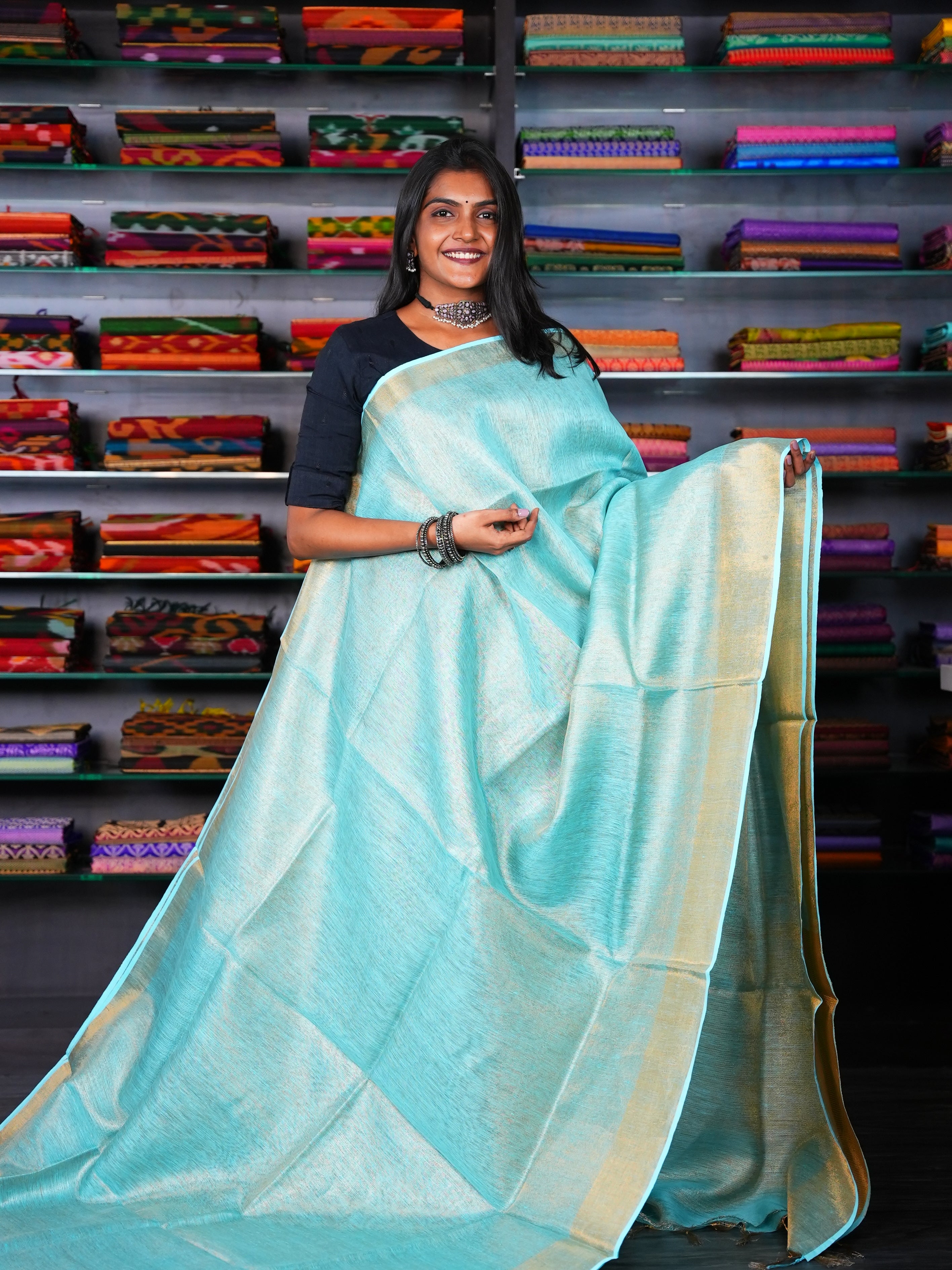 Teal Blue & Gold- Linen Saree