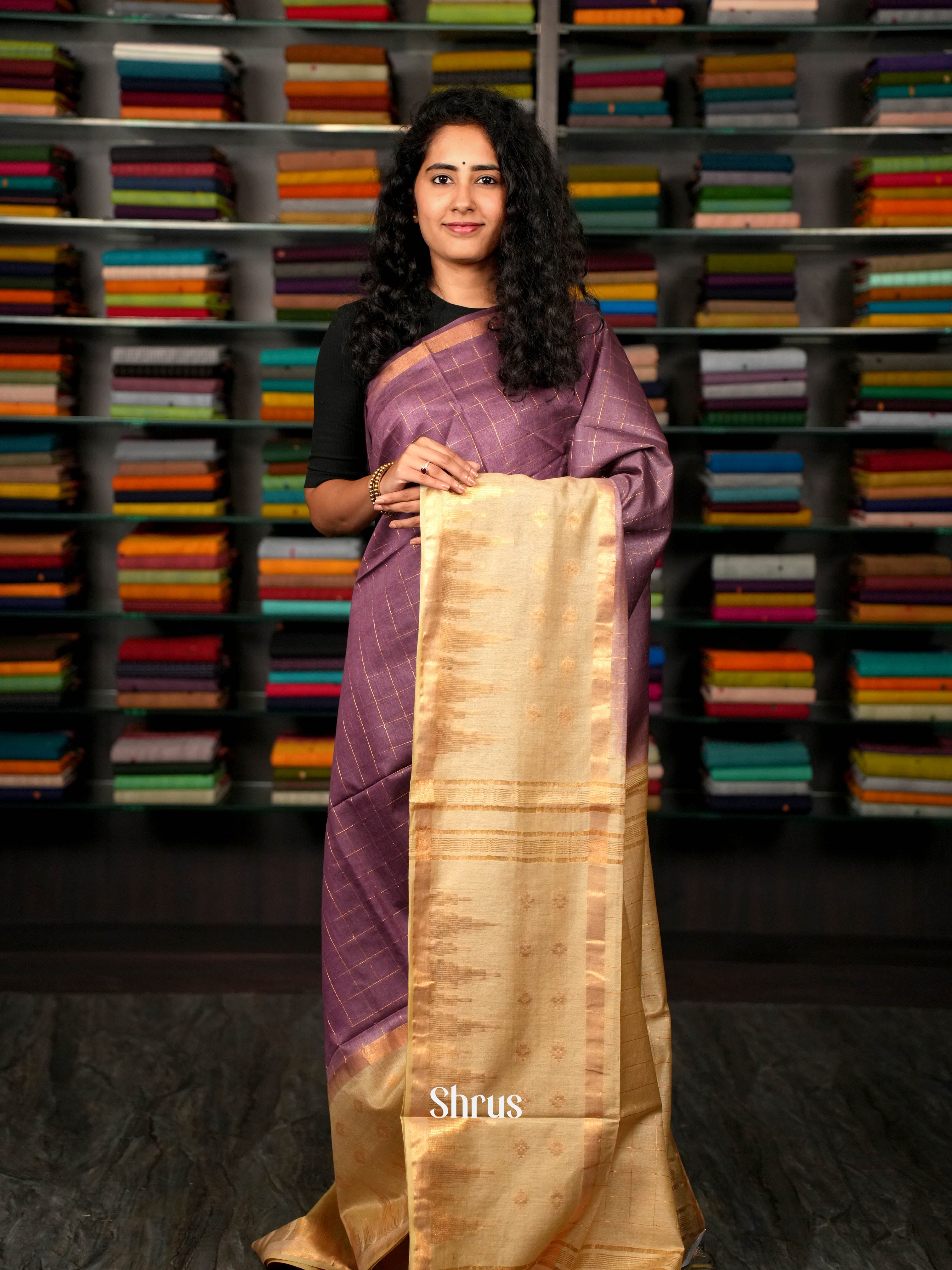 Dark Brown & Cream - Semi Tussar Saree