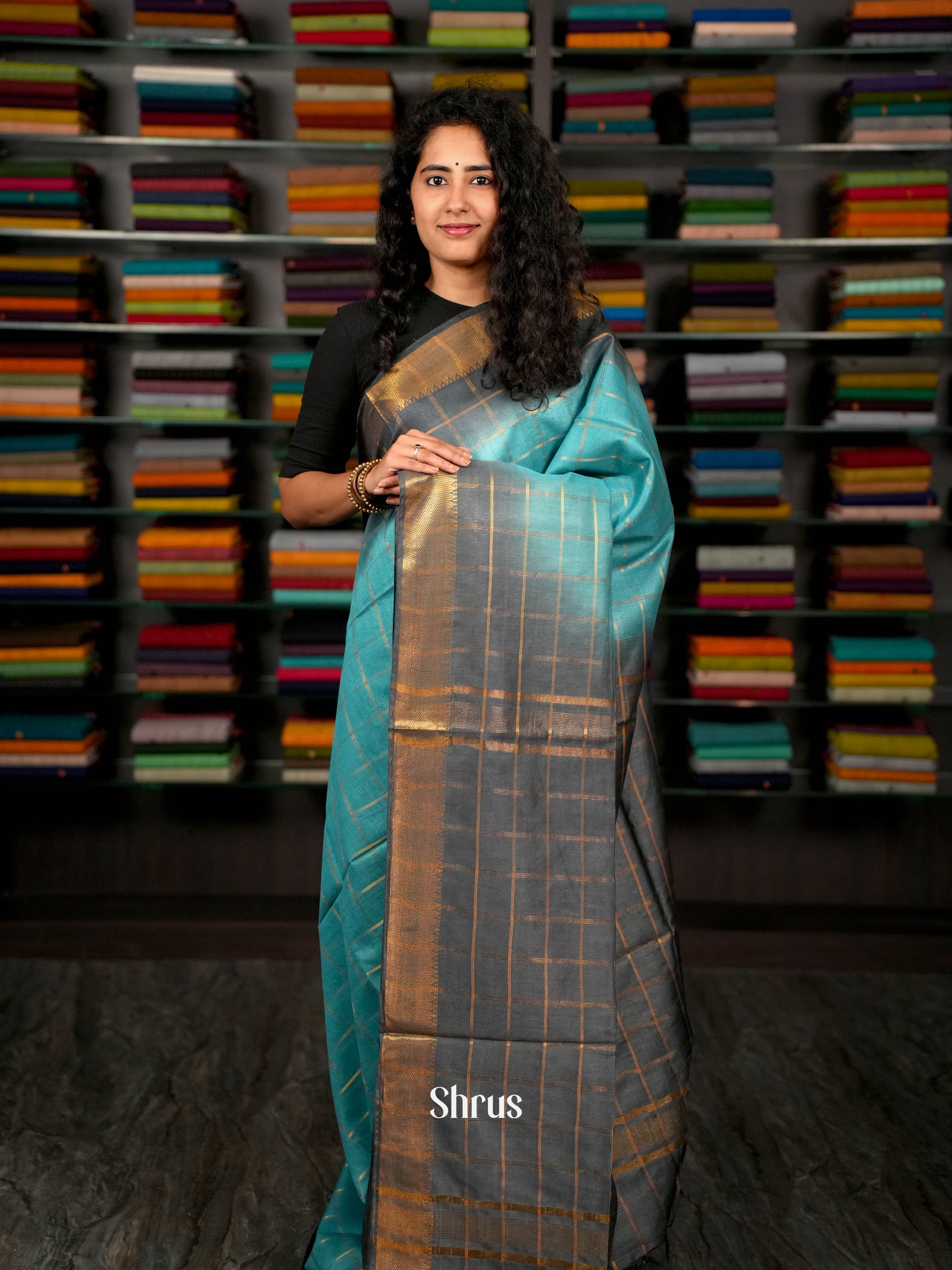 Teal & Grey  - Semi Tussar Saree