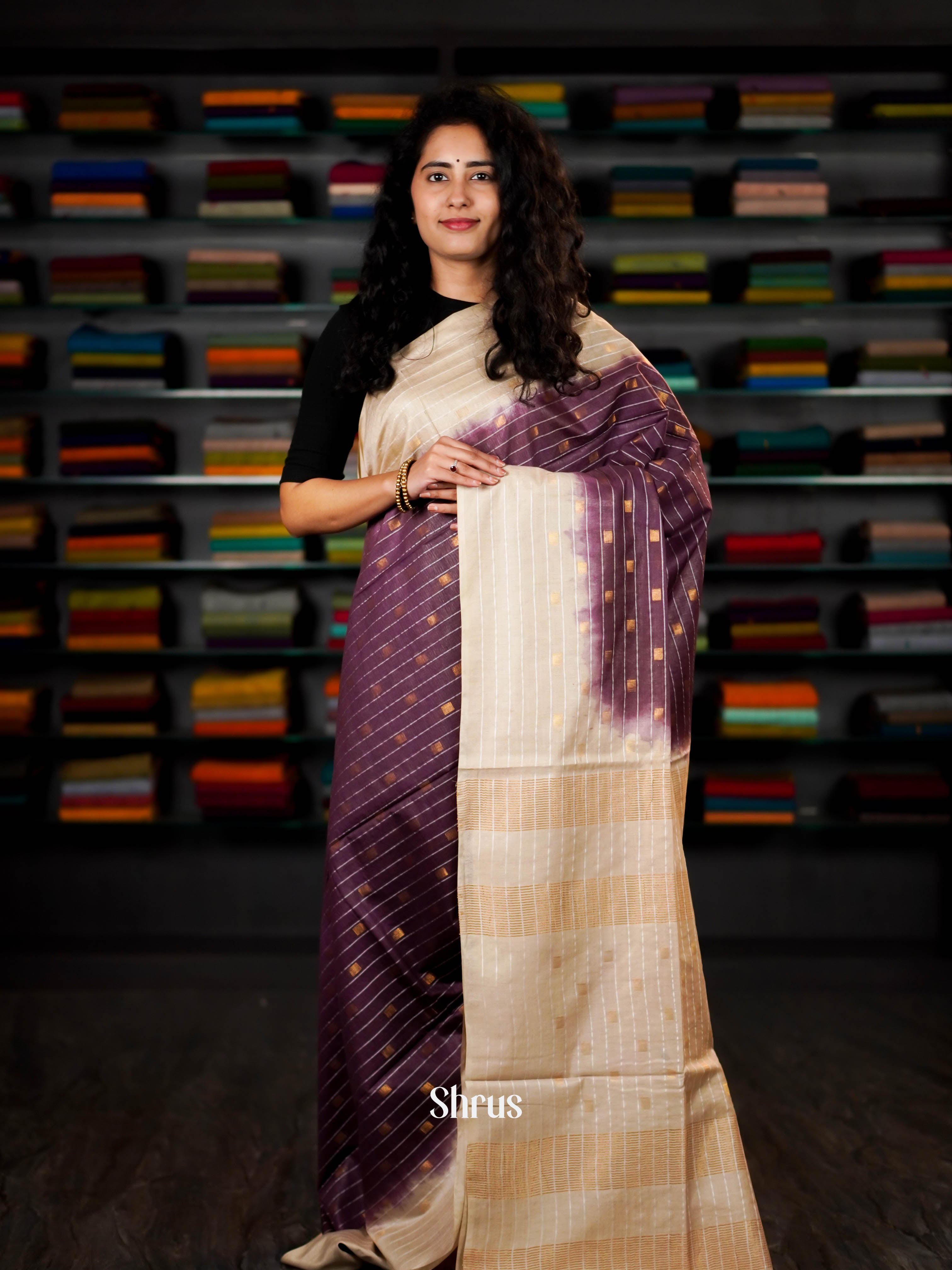 Cream & Purple  - Semi Tussar Saree