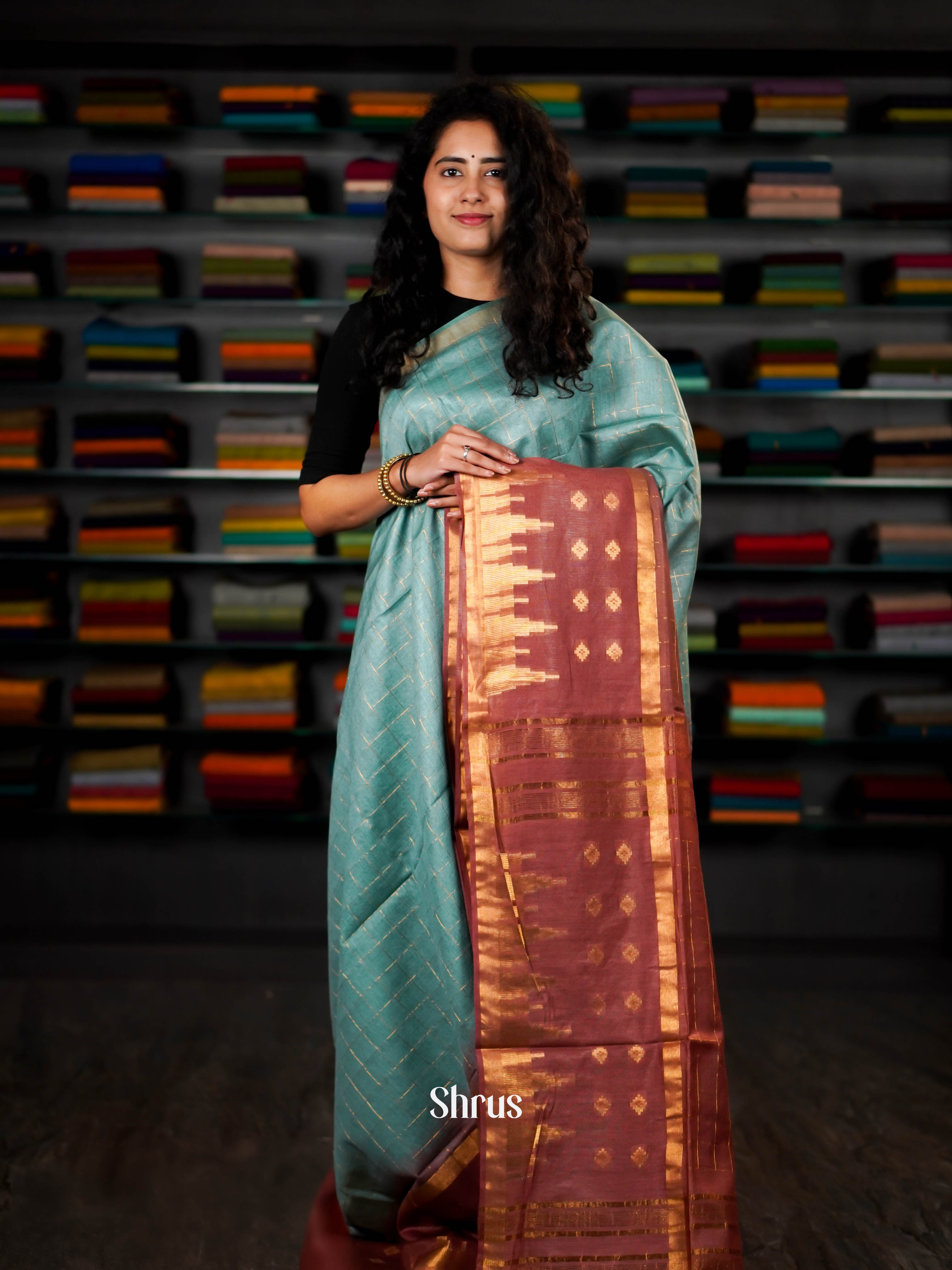 Teal & Brown  - Semi Tussar Saree