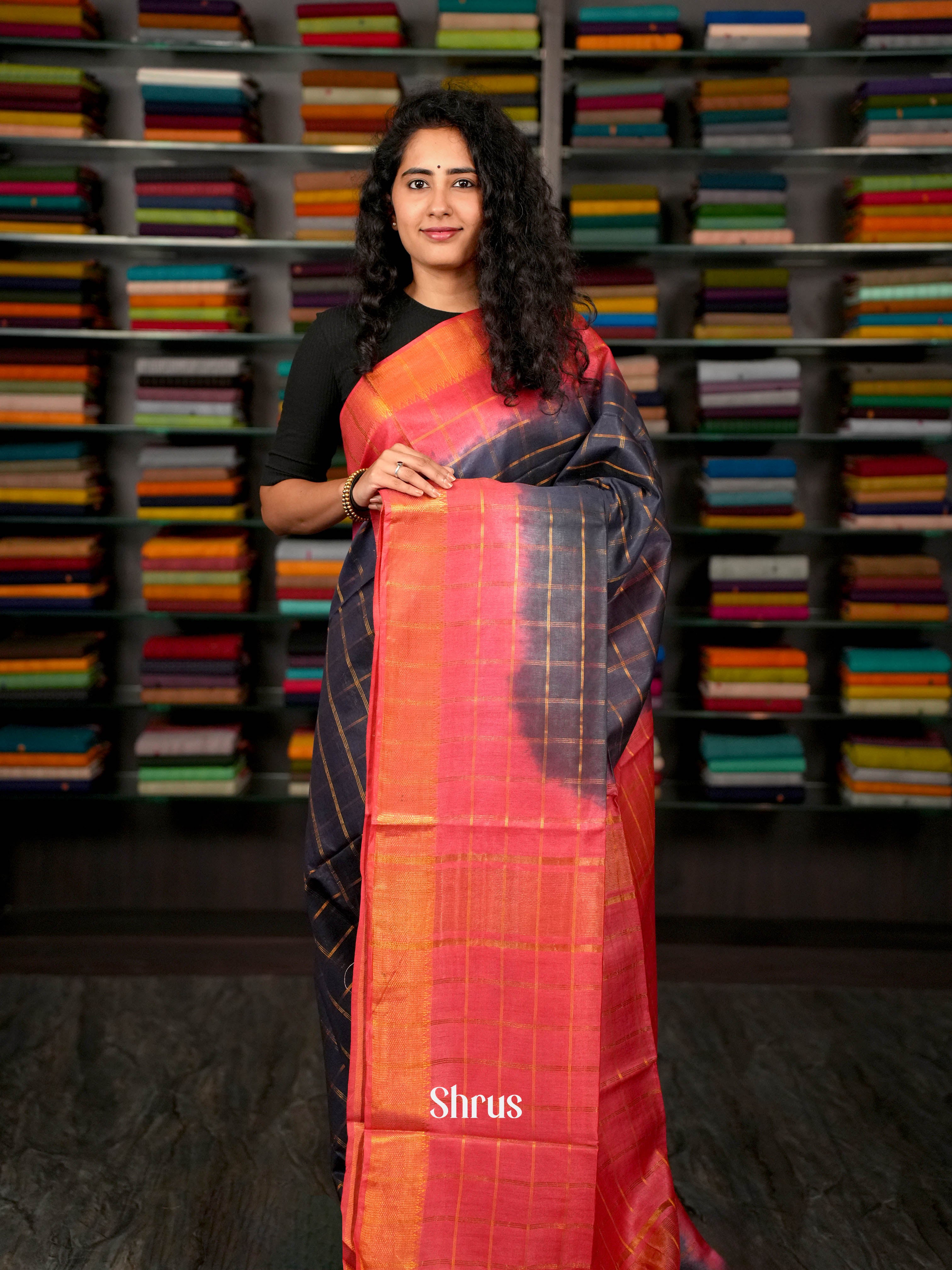 Dark Blue  & Pink - Semi Tussar Saree